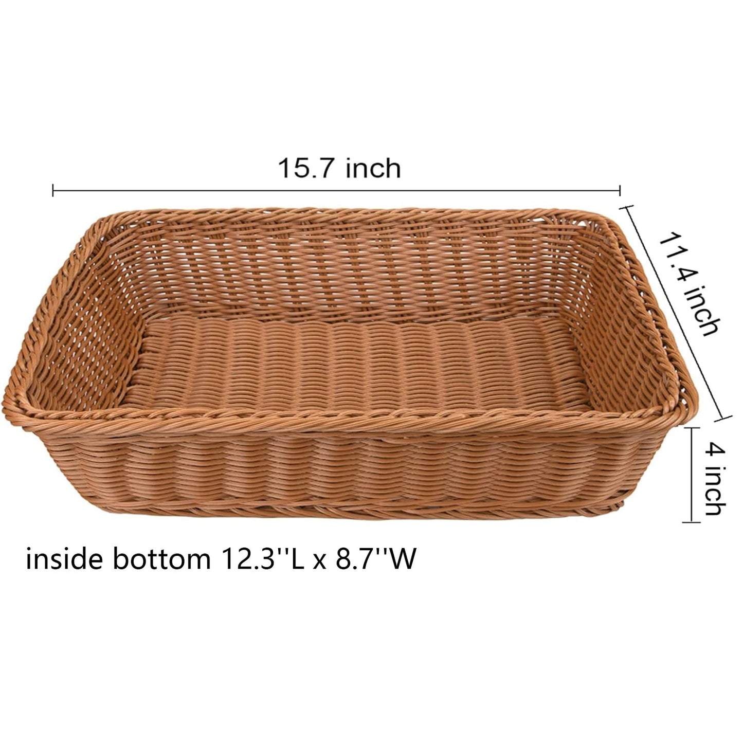 Yarlung 2 Pack Woven Bread Basket, Plastic Wicker Fruit Baskets 15.7 x 11.4 Inch, Imitation Rattan Food Serving Trays for Vegetables, Kitchen, Restaurant, Outdoor, Brown