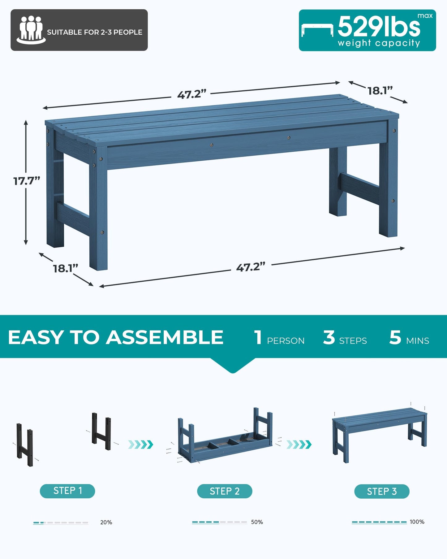 SERWALL 47 Inches Outdoor Bench, All Weather HDPE Backless Bench with Wood Grain Texture for Garden Porch and Park, Curved Bench Seat for Comfort, Blue