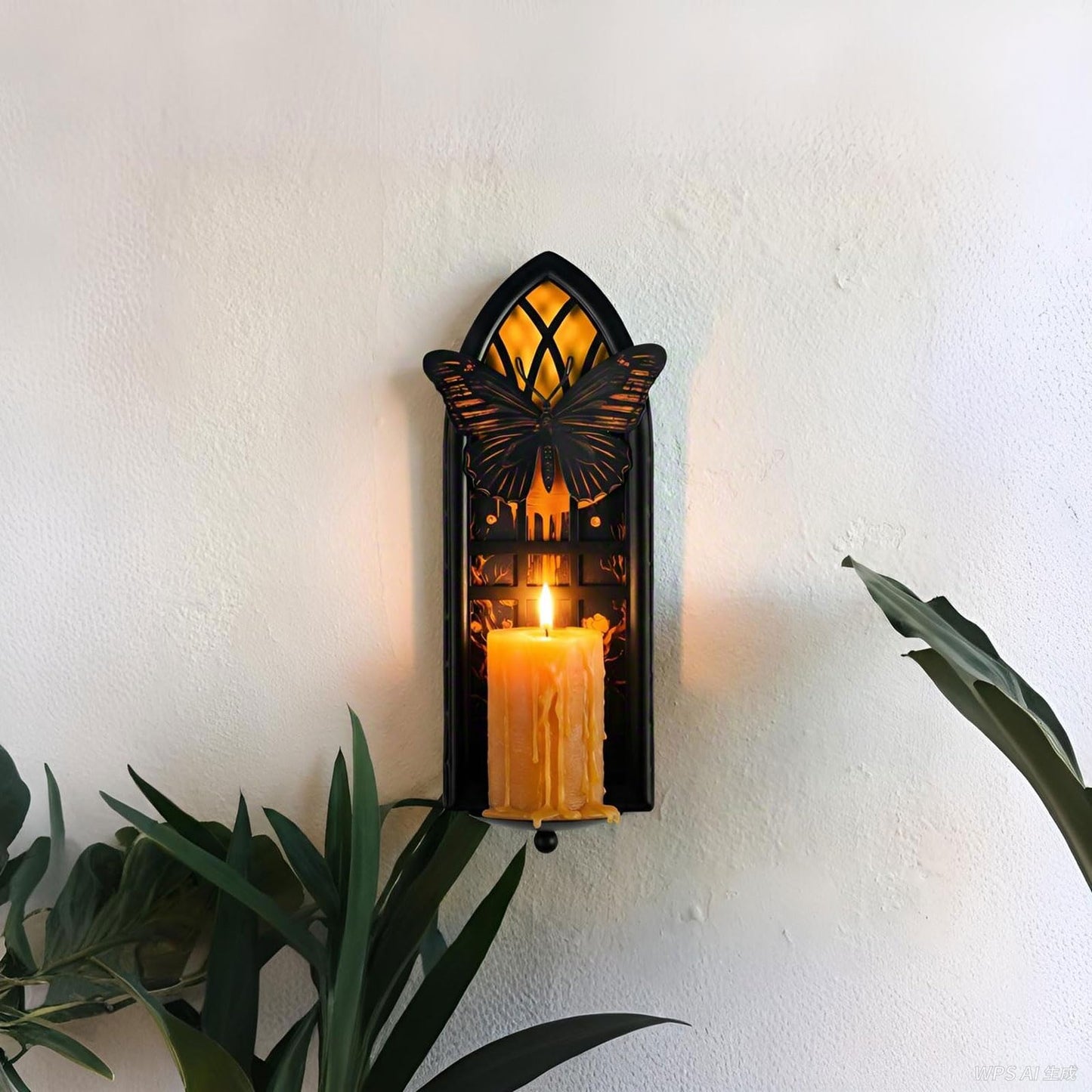 AimtoHome Gothic Wall Candle Sconces Set of 2, Butterfly and Moon Iron Wall Mounted Candelabra Holder with Removable Trays for Taper & Pillar Candles, Romantic Garden & Boho Home Decor
