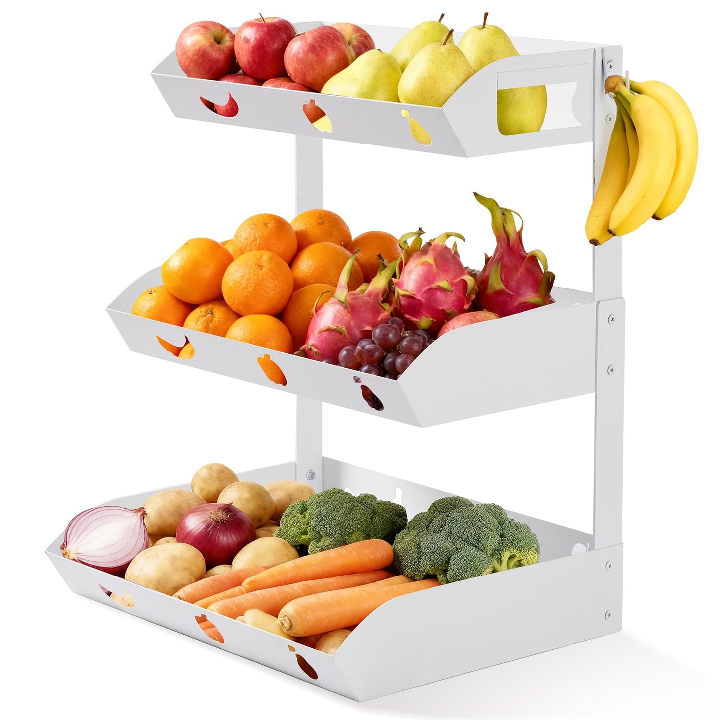 GOENDR Fruit Basket for Kitchen Counter – 3 Tier Metal Fruit Bowl with Banana Hanger, Convertible to 2 Tier, Large Capacity Countertop Organizer for Fruit Vegetables Bread Snack Produce Storage