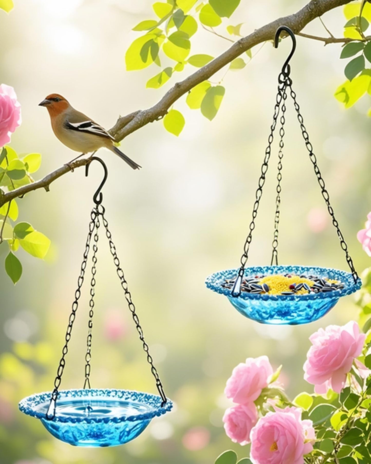 Aiqriwv 2 Pack Hanging Bird Baths and Feeders for Outdoors, Plastic Bird Bath Bowl & Hanging Feeder for Garden Yard Decor,Nature Blue
