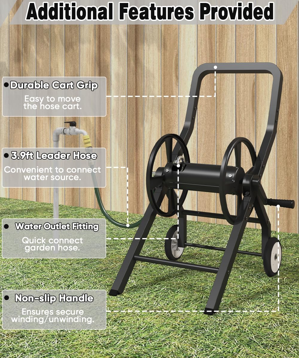 Artigarden Garden Hose Reel Cart with Wheels, Outdoor Heavy Duty Powder-coated Steel Water Storage Winder Holder, Holds 125 ft of 5/8’’ Hose with 3.9 Ft Leader Hose for Outside Lawn Yard, Black