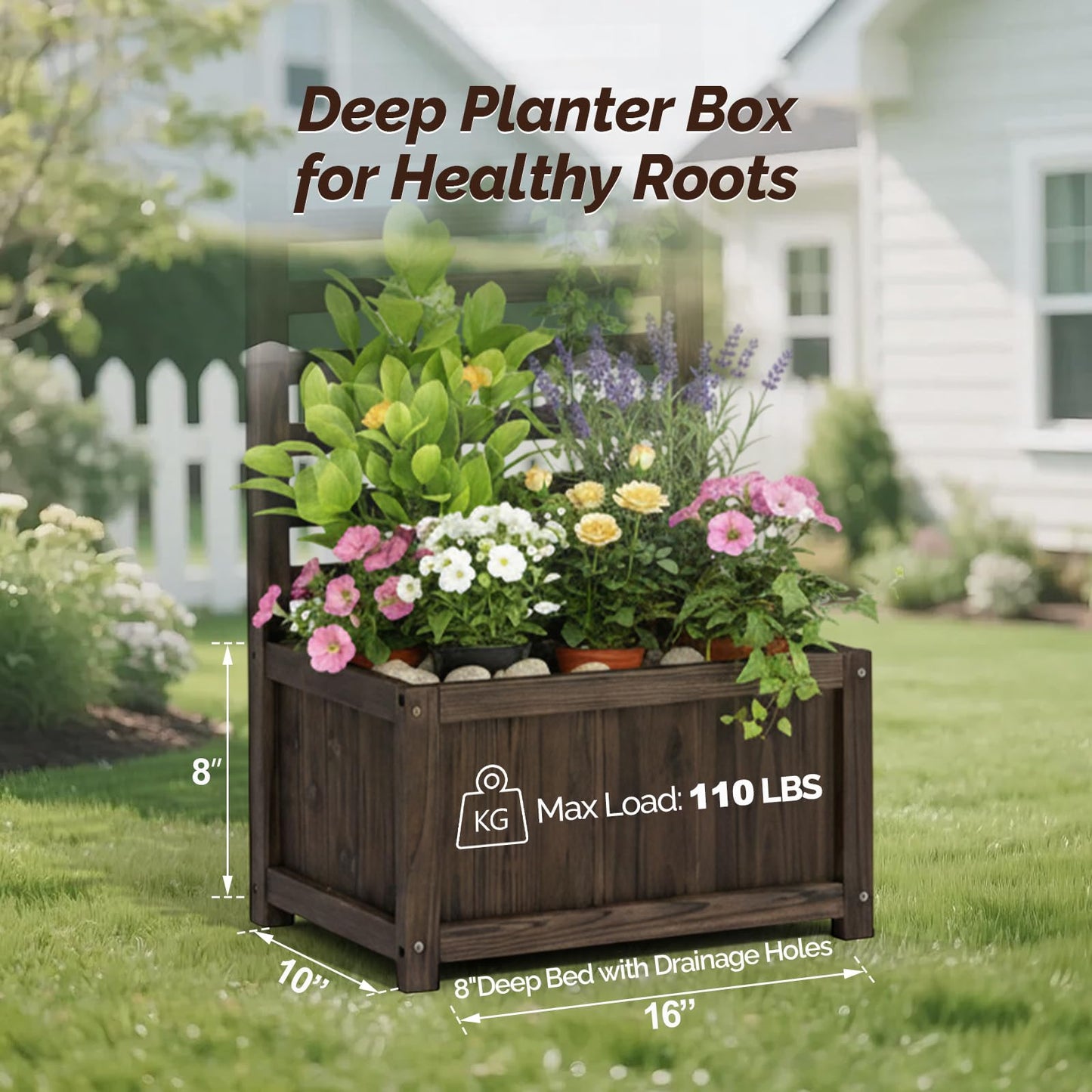 VINGLI Wooden Planter with Trellis, 51" Height Elevated Garden Beds Outdoor, FreeStanding Planter Box with Drainage Holes for Flower, Vegetable, Fruit, Herb in Garden, Patio, Balcony - 2PCS