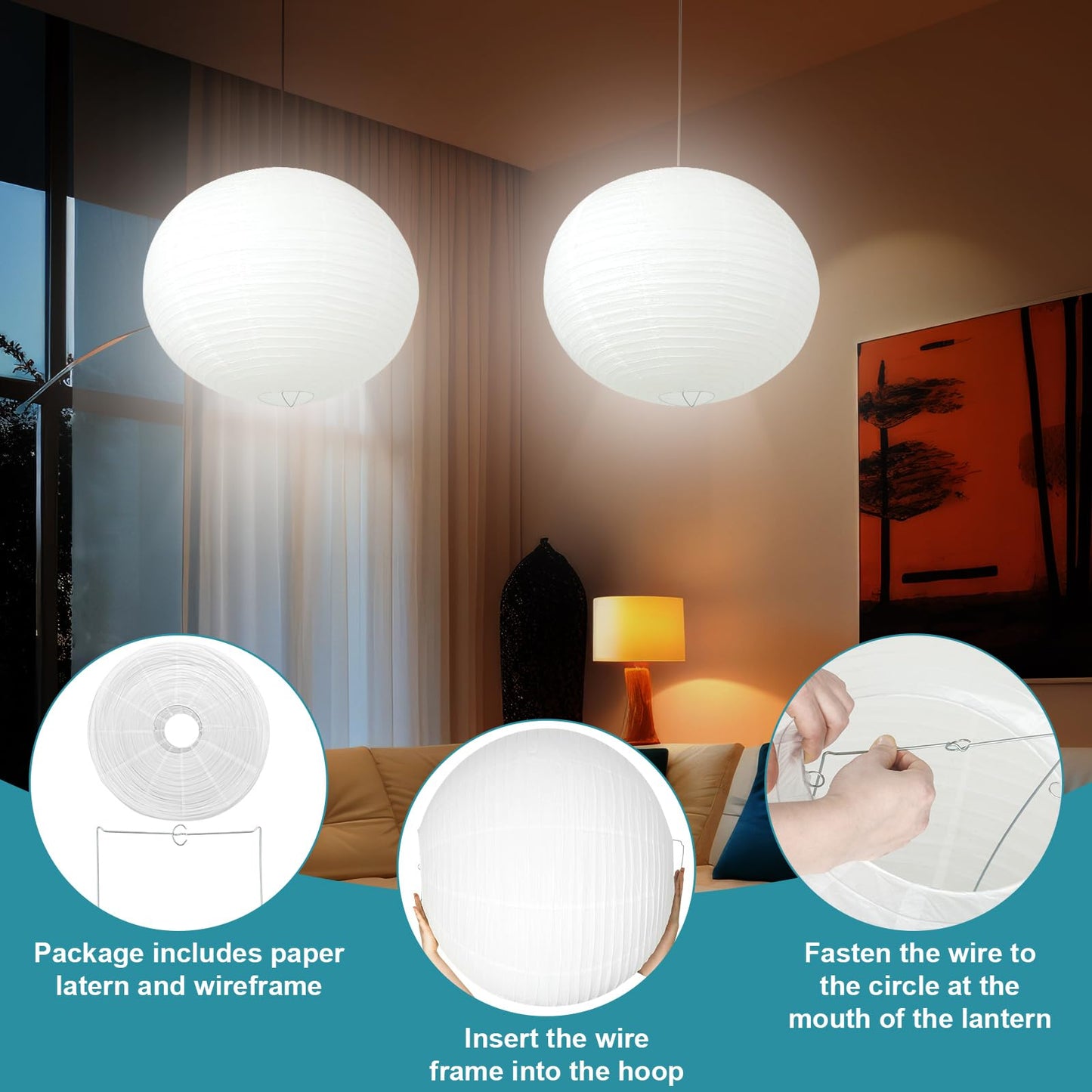 Rossesay 2 Sets Jumbo Paper Lanterns with Lamp Cord Cable White Hanging Paper Lanterns Chinese Japanese Pendant Hanging Lamp for Birthday Wedding Bridal Anniversary Party Decoration (Round,16 Inch)