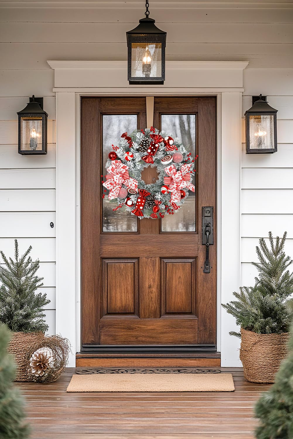 24" Artificial Christmas Wreath with Red Candy Accents, Double Ribbon Bows, Pine Cones & Ornaments, White Cedar Base for Christmas Thanksgiving Winter Holiday Front Door and Wall Decoration