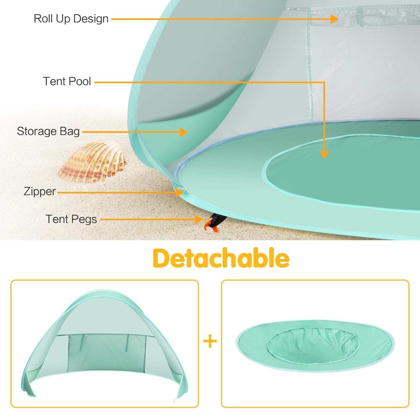 Baby Beach Tent with Pool, Pop Up Sun Shelter UPF 50+ UV Protection for Infant Toddlers, Portable Shade Tent with Carry Bag for Beach Outdoor Travel