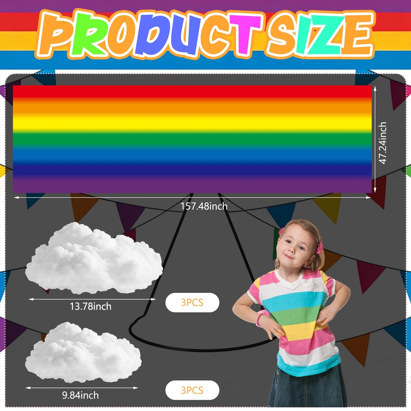 Teyva Daily 7 Pcs Rainbow Party Ceiling Decorations Kit 13.12 x 4 ft 3D Rainbow Ceiling Hanging Bunting Banner Decorations with 6 Pcs Clouds Hanging Decor for Classroom Birthday Nursery Daycare Decor