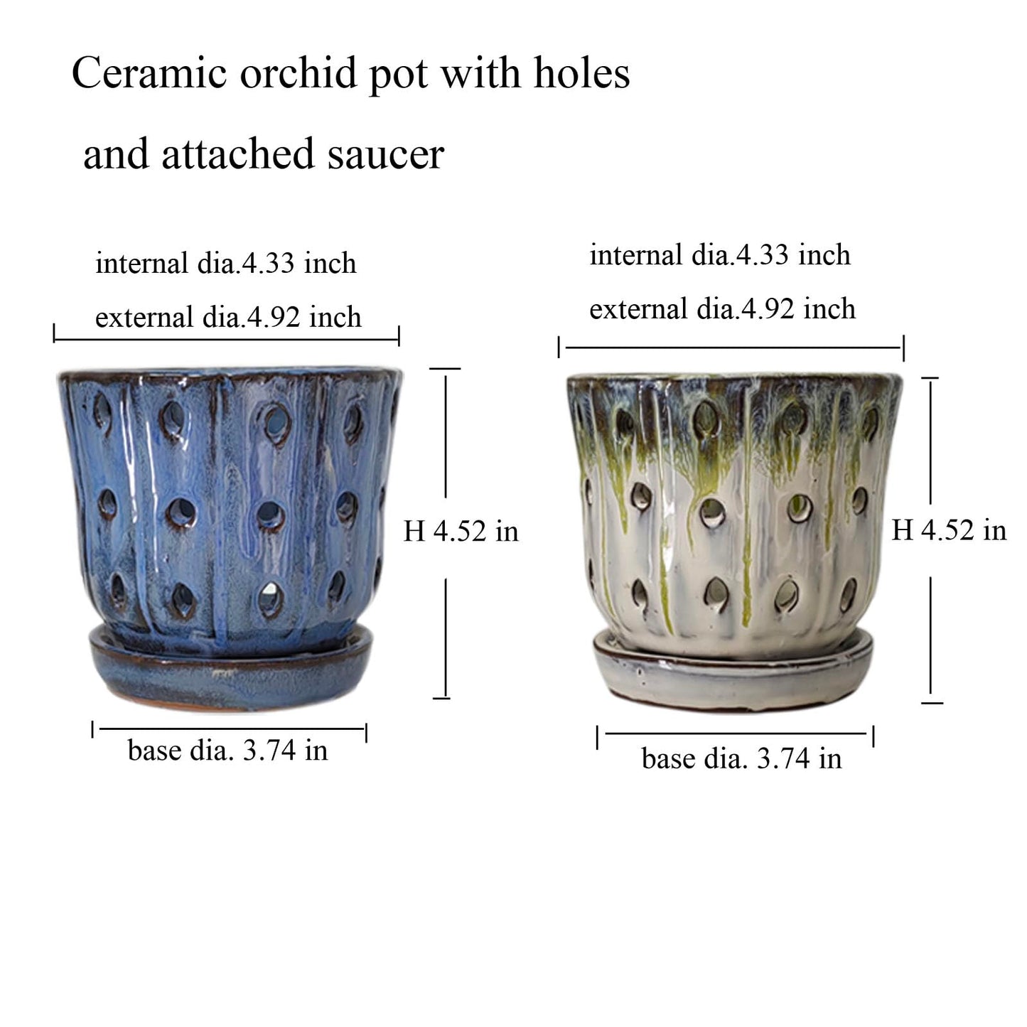Grdthzey Orchid Pots 4.9 inch Round Ceramic Orchid Pots with Holes Set of 2 (SkyBlue+White with Lemon Green)