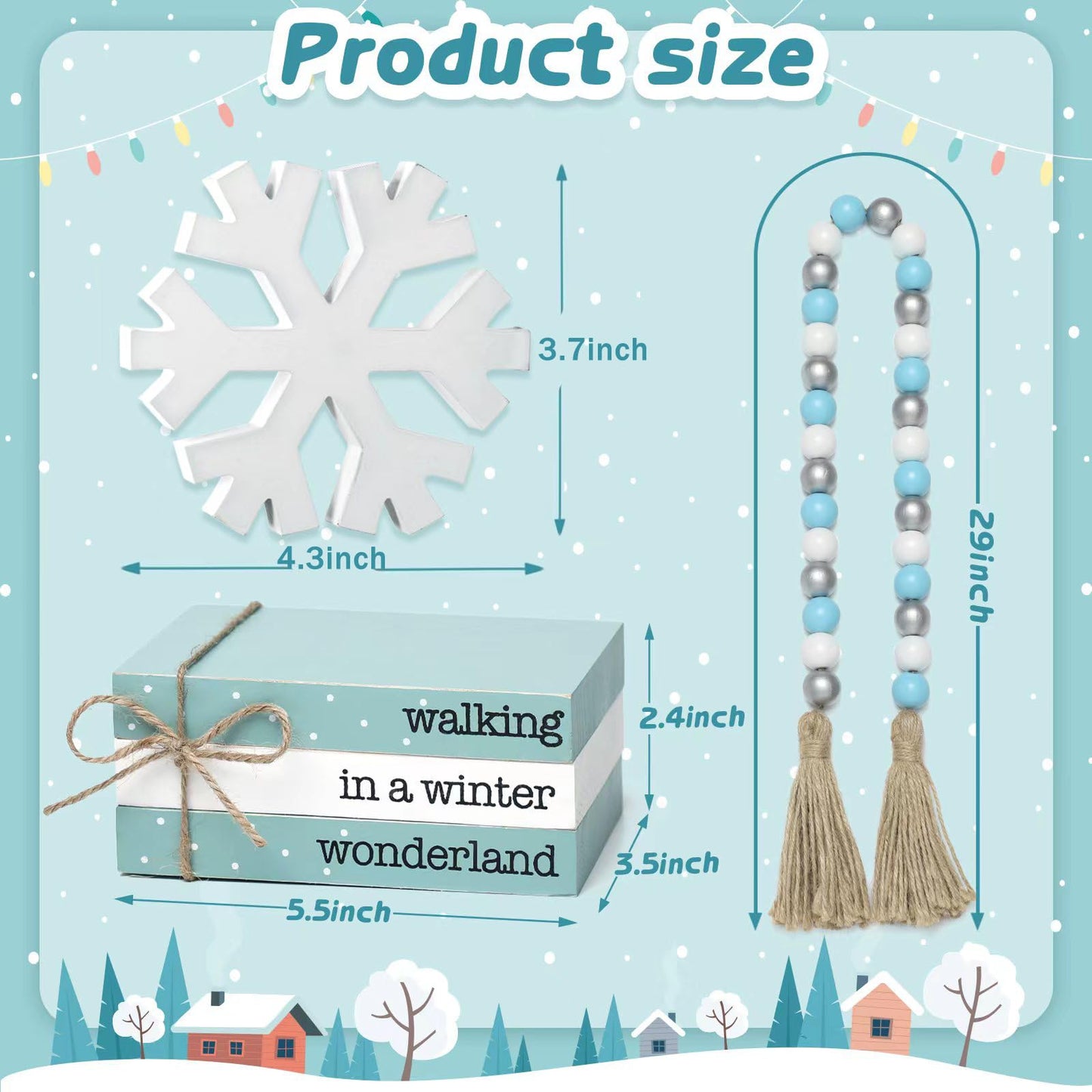 WODOHOLO 5Pcs Winter Wooden Tiered Tray Decor, Wooden Book Stacks Bundle with Snowflake Table Decor, Blue Xmas Rustic Farmhouse Tabletop Centerpieces Home Kitchen Decoration