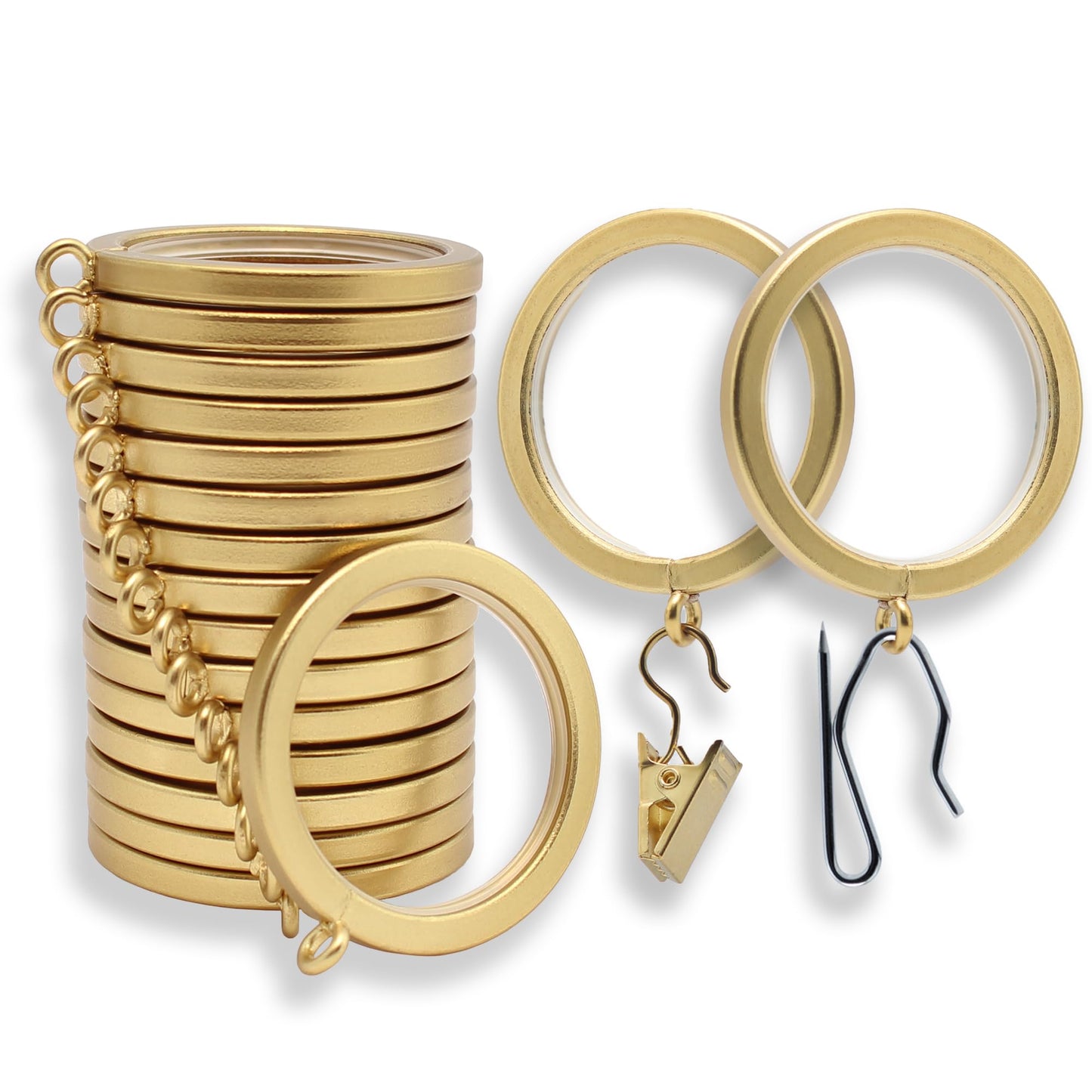 BlastHome® Luxury Curtain Rings – Premium Metal with Quiet, Smooth, Removable Nylon Inserts – Pinhooks and Clips Included – 1 1/2" Inside Diameter – 18 Rings for Two Standard Curtains – Brushed Gold