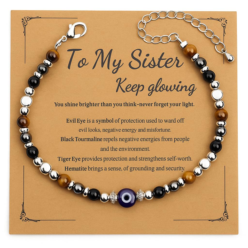 MTJAHPS Protection Bracelet, empath protection, black obsidian Crystals and Healing Stones Bracelet for Women ，Luck ，Anxiety and Stress Clam Bracelet (Sister-Evil Eye Triple Threat Protection)