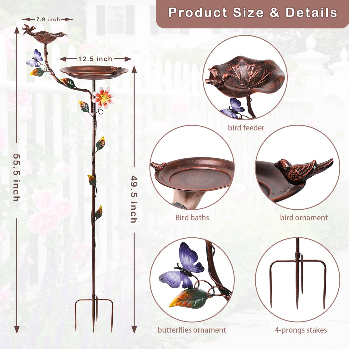 MUMTOP Bird Baths and Feeder for Outdoors, 55 inch Height Metal Birdbath Antique Garden Bird Feeder with Metal Stake for Garden Outside Yard Lawn Decorations, Copper