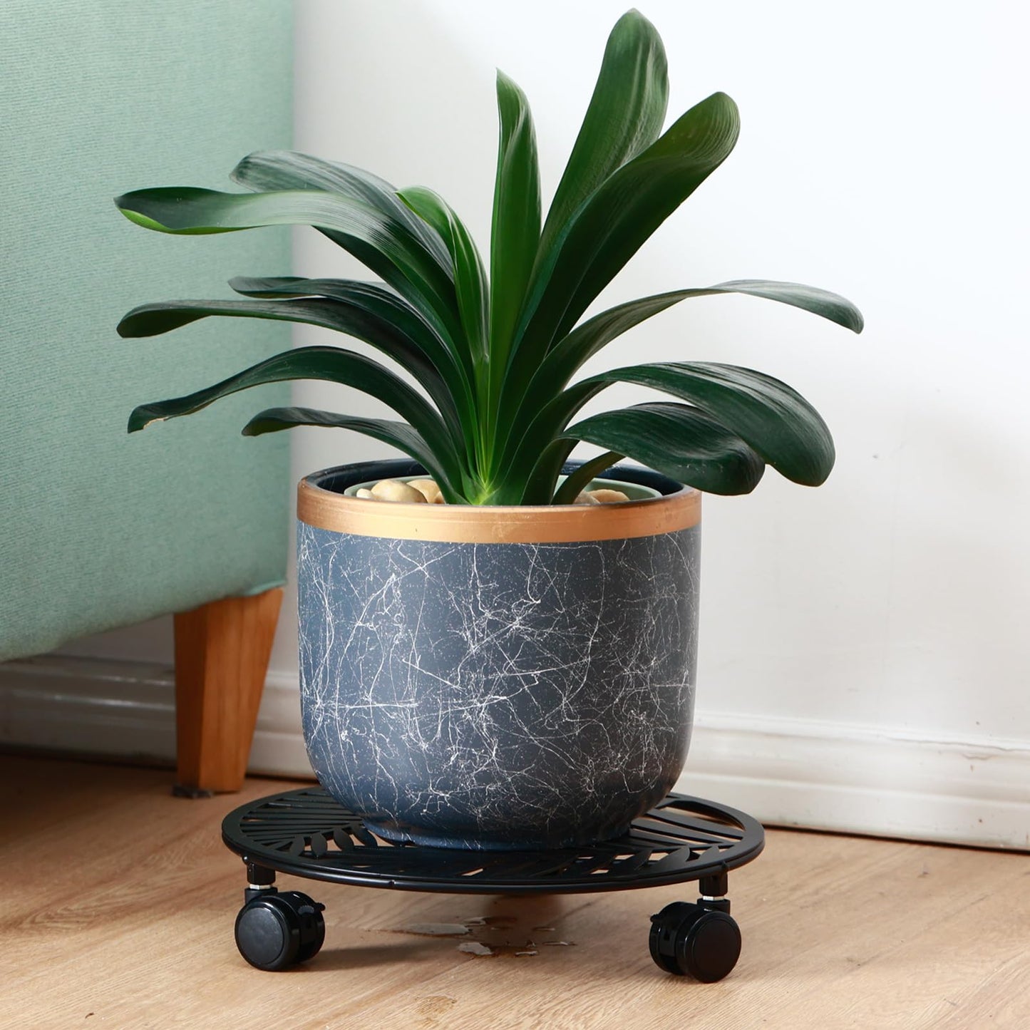 3 Packs Large Metal Plant Caddy with Wheels 13" Rolling Plant Stands Heavy-duty Wrought Iron Roller Planter Movers Indoor Outdoor Wheeled Plant Dolly with Casters Tray Coaster, Slender leaves