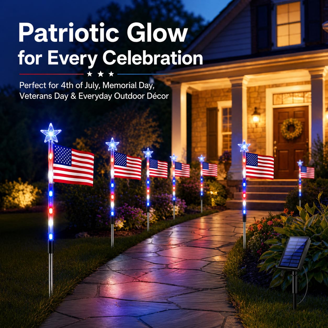 8 Pack Solar American Flag Pathway Lights, Patriotic Red White Blue Outdoor Stake Lights, Waterproof Solar LED Yard Garden Decorations for 4th of July, Independence Day