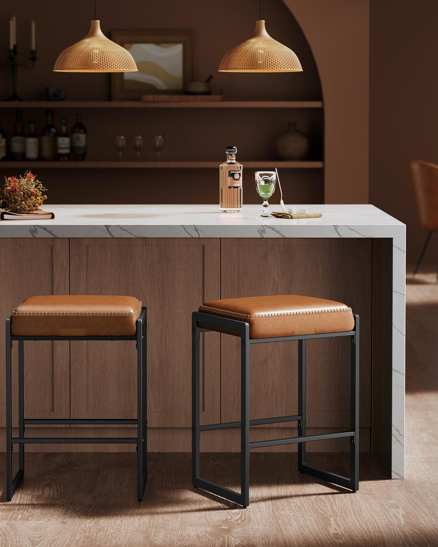 VASAGLE EKHO Collection - Bar Stools Set of 2, Counter Height Bar Stools, Synthetic Leather with Stitching, Mid-Century Modern Counter Stools, 26-Inch Tall, Kichen Home Bar Dining Room, Caramel Brown