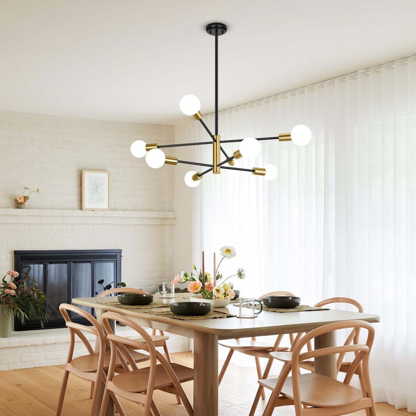 BesLowe 31‘’ 8-Light Modern Sputnik Chandelier, Mid Century Black & Gold Chandeliers Lighting, Farmhouse Ceiling Hanging Light Fixture for Dining Room Bedroom Room Kitchen Foyer, Height Adjustable
