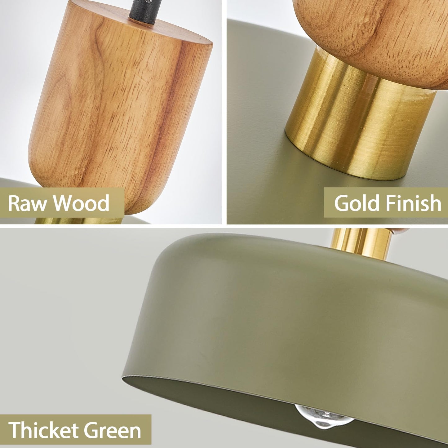 Contemporary Pendant Lighting,12 inch Pendant Lamp,Wood and Brass Accent,Adjustable Metal Hanging Light Fixture for Kitchen, Dining Room, Green