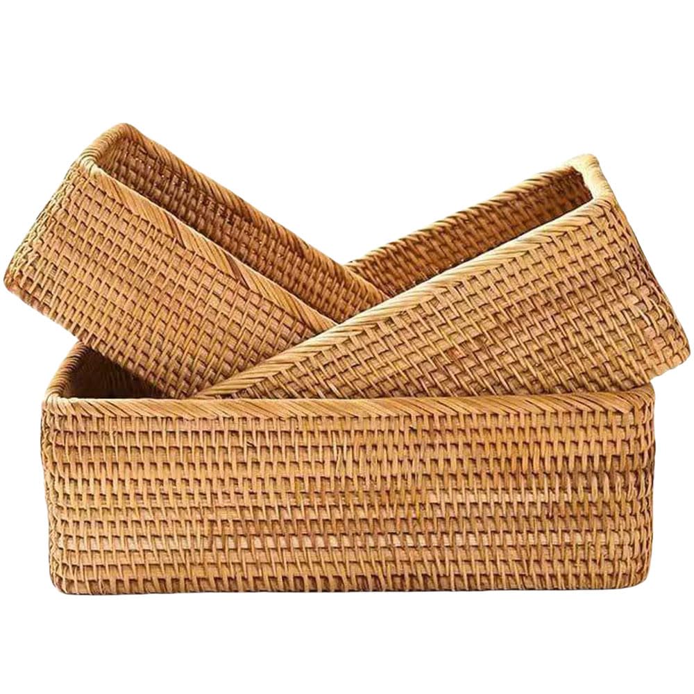 Rattan Storage Baskets, Wicker Baskets for Organizing, Hand Woven Fruit Basket, Decorative Baskets for Kitchen Counter, Living Room, Bathroom, Set of 3