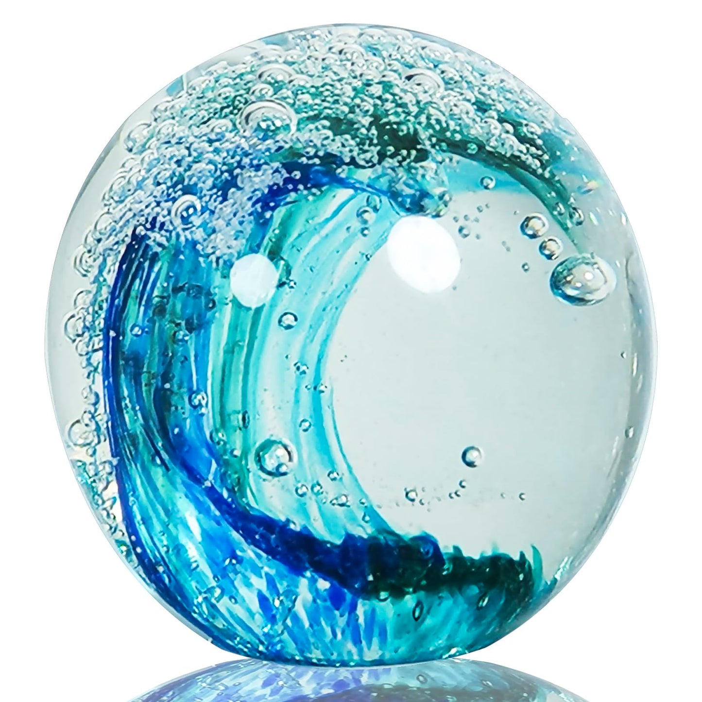 JUYOULE Hand Blown Ocean Wave Glass Ball ：Unique Gift for Beach Lovers，Beach Decorations for Home, Sea Glass Paperweight for Coastal Room Decor, Aquarium & Ocean Themed Decorations