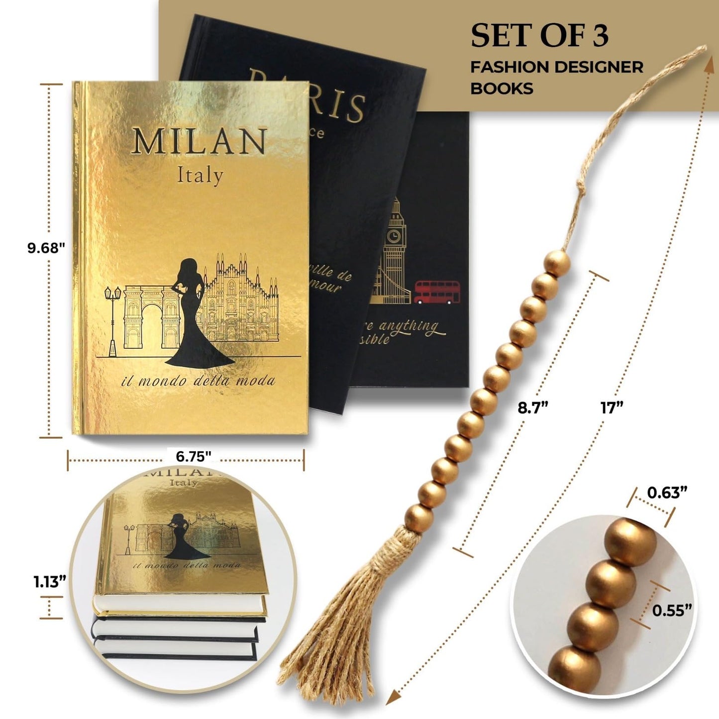 SIMPLIFY ASTHETIC - Decorative Books Set of 3 with Golden Garland Bead - Decorative Books for Coffee Table, Home Decor - Designer Books Decor Set - Faux Books for Bookshelf