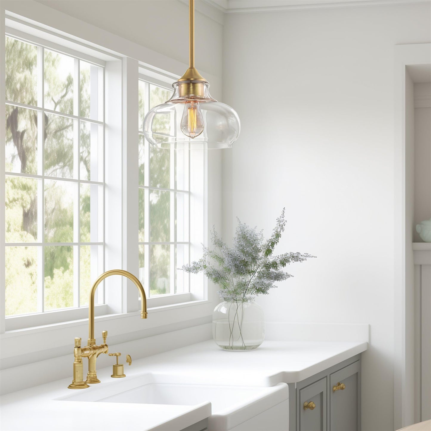Kira Home Harlow 9" Modern Schoolhouse Pendant Light with Clear Glass Shade, Industrial Farmhouse Hanging Light with Schoolhouse Glass, Warm Brass Finish