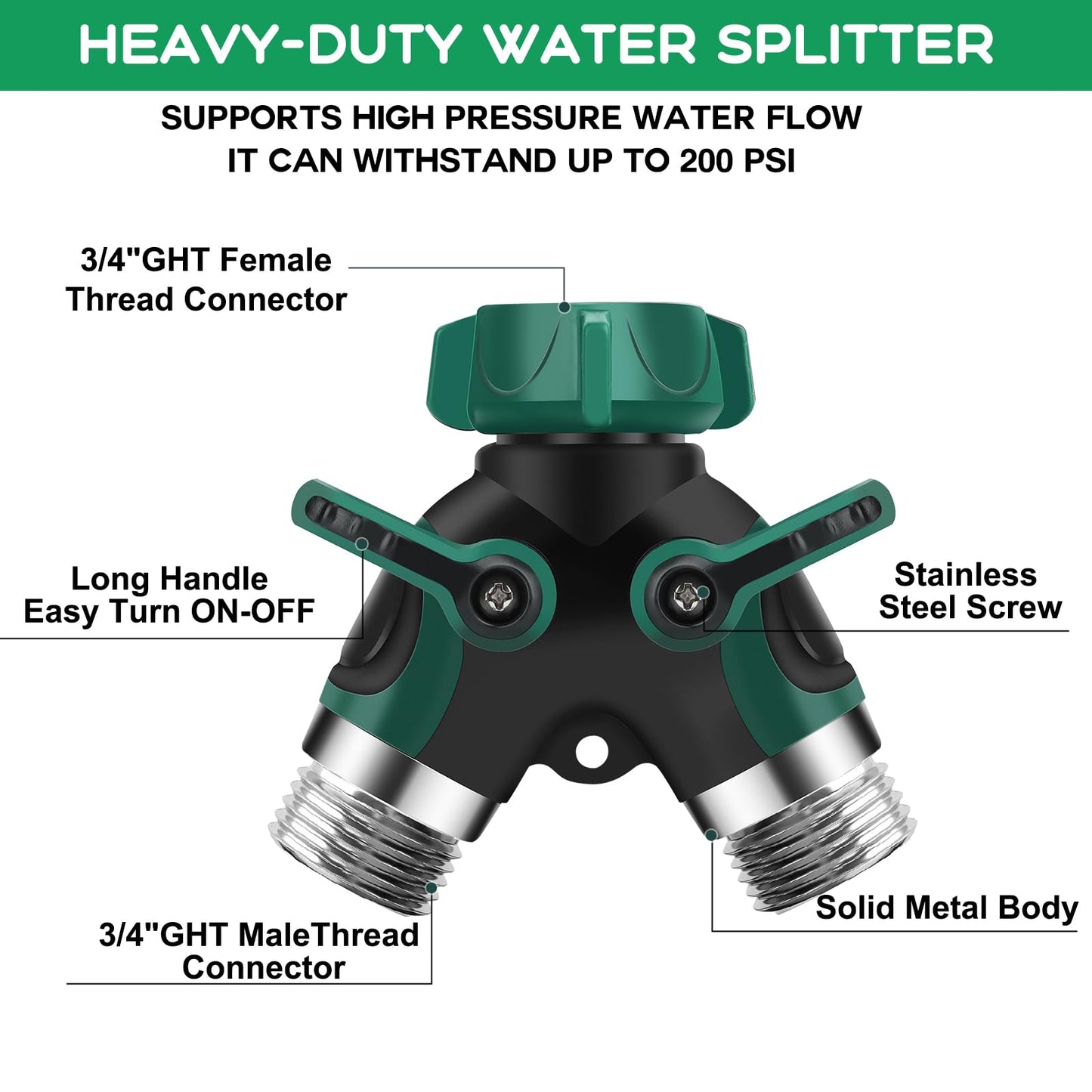 Garden Hose Splitter 2 Way, 3/4" Y Water Hose Splitter with Comfort Rubber Long Handle, Faucet Splitter, Heavy Duty Metal Connector with 2 Kink Free Faucet Extension Hose Protector