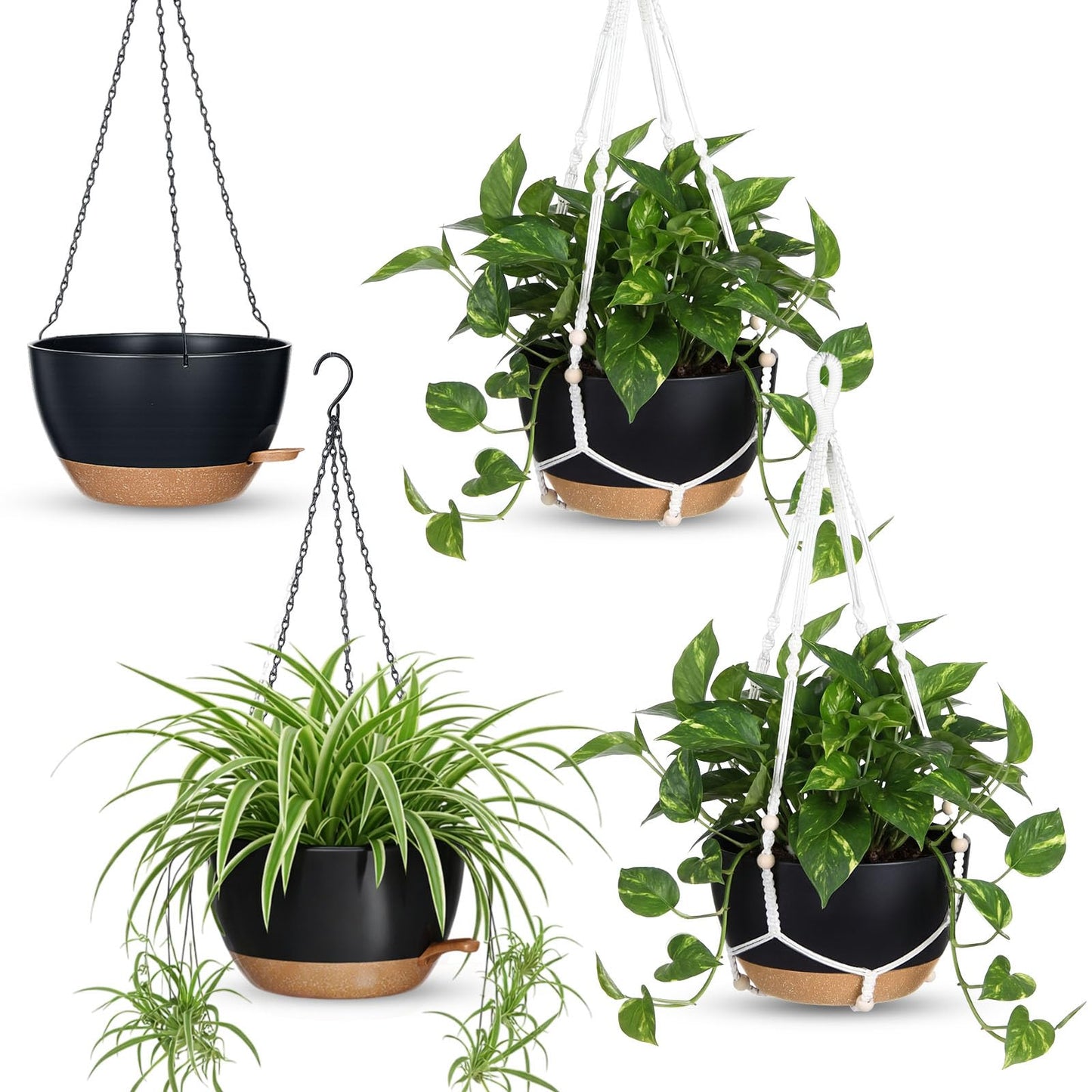 Sliner Set of 4-10 Inch Self Watering Hanging Planters Includes Hanging Pots and Outdoor Hanger Plant Pots with Drainage Holes 2 Types of Hanger Basket Hooks for Patio Garden(Black Brown)