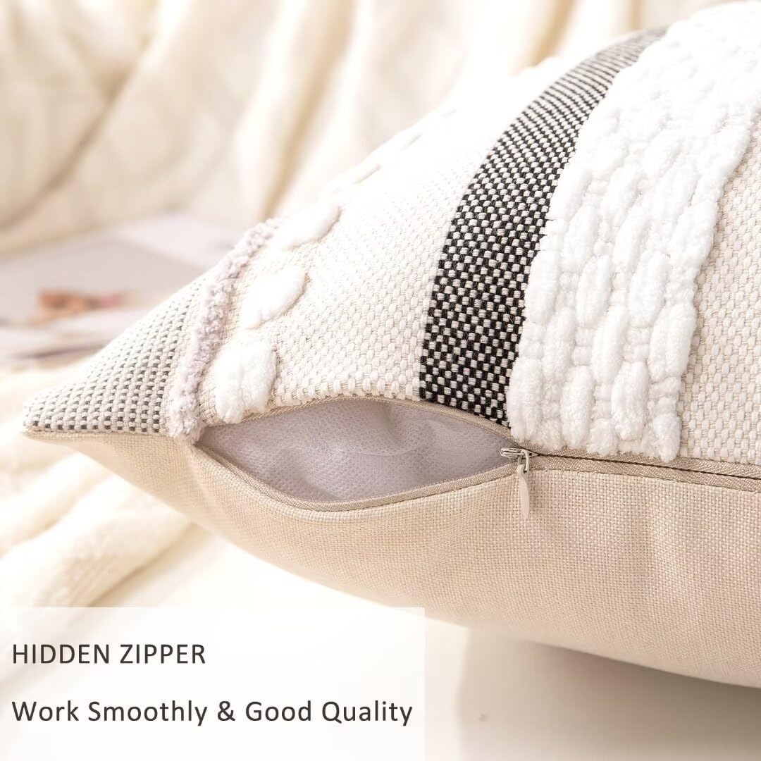 WANLIRD Boho Throw Pillow Covers 18x18 Set of 2 Farmhouse Decorative Cushion Case Striped Square Pillows Cover Chenille Pillow Cases Accent Neutral Pillowcase for Sofa Couch Bed,White