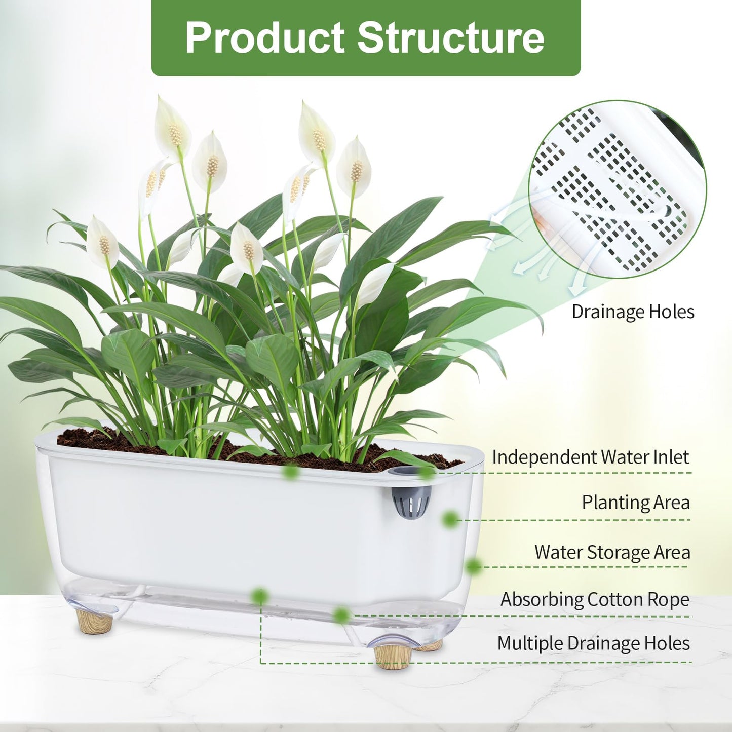 Oliz Self Watering Planter with Coco Coir Pellets, 11.8 Inch Plastic Rectangular Windowsill Plant Pot with Drainage Holes, High Clear Modern Decorative Flower Pot for Indoor Plants, African Violets