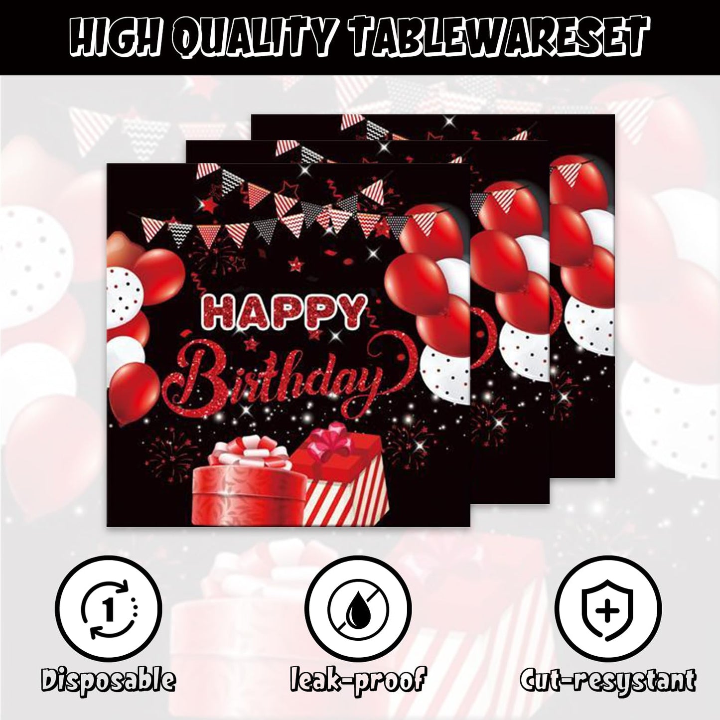 142Pcs Red and Black Birthday Party Tableware Set Inculde Plates Napkins Knives Forks Spoons Cups Banner and Tablecover Red and Black Birthday Party Decorations Supplies Serve 20