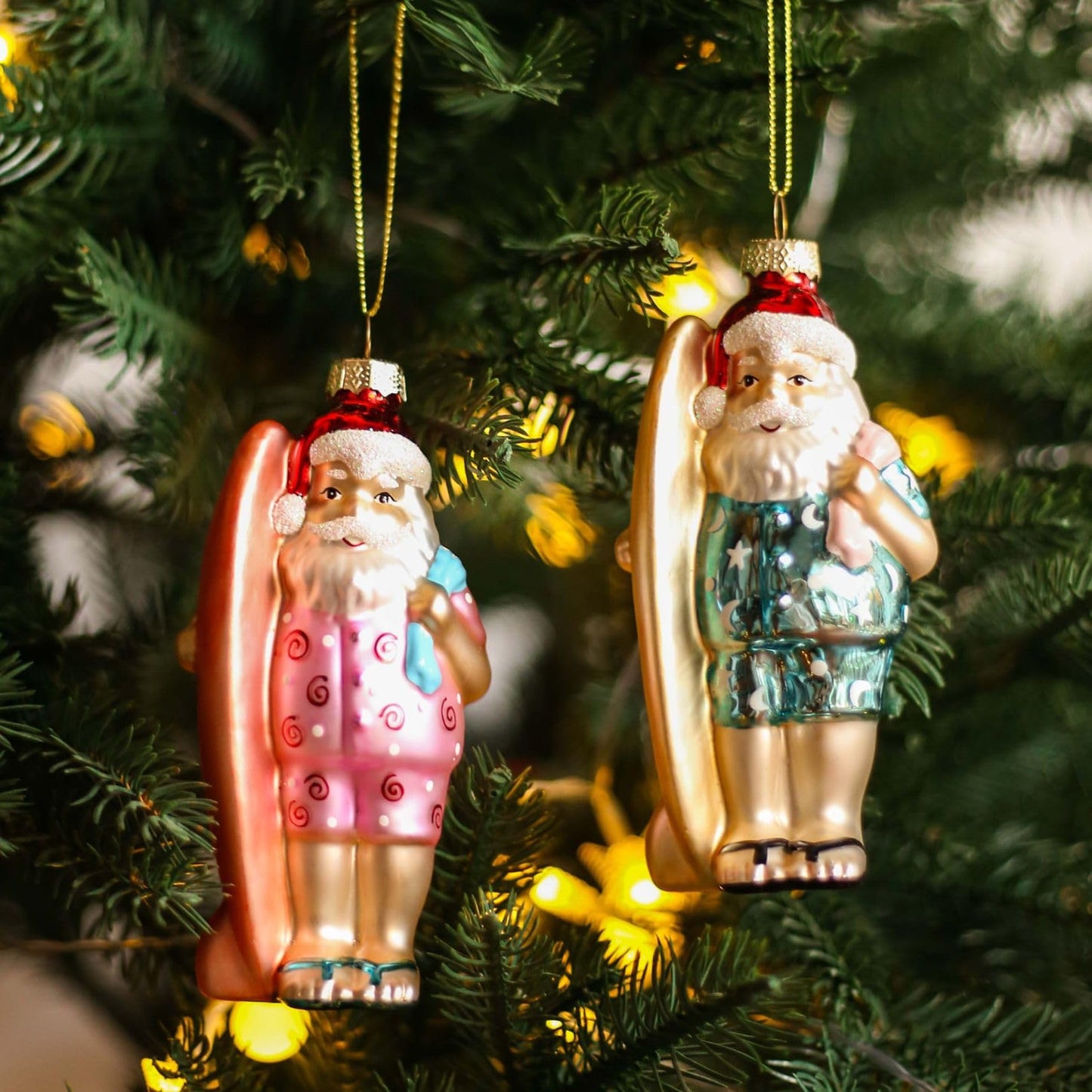 Amanman Beach Glass Ornaments Set - 2 Pack Funny Hand Blown Glass Christmas Ornaments Surfing Santas, Coastal Sea Glass Decor - 5" Christmas Tree Decorations