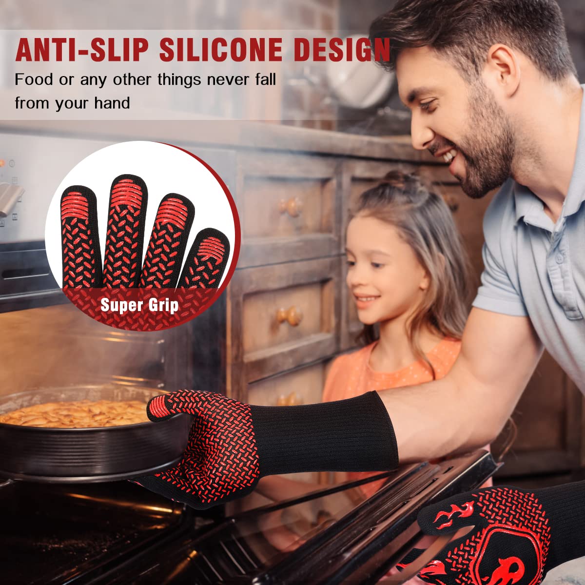 BBQ Grill Gloves : 1472 ℉ High Temp Resistance Fireproof Glove for Grilling Barbecue - Washable Long Silicone Oven Mitts Extreme Hot Proof Mittens for Kitchen Cooking Baking