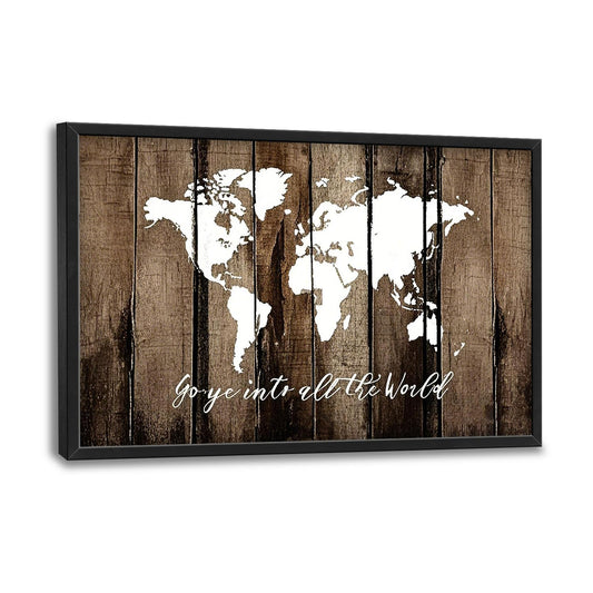 Flintis Large World Map Wall Art Go Ye Into All The World Pictures Wall Decor Abstract Canvas Painting Print Artwork Decoration Framed for Living Room Bathroom Master Bedroom Office 36L x 24W