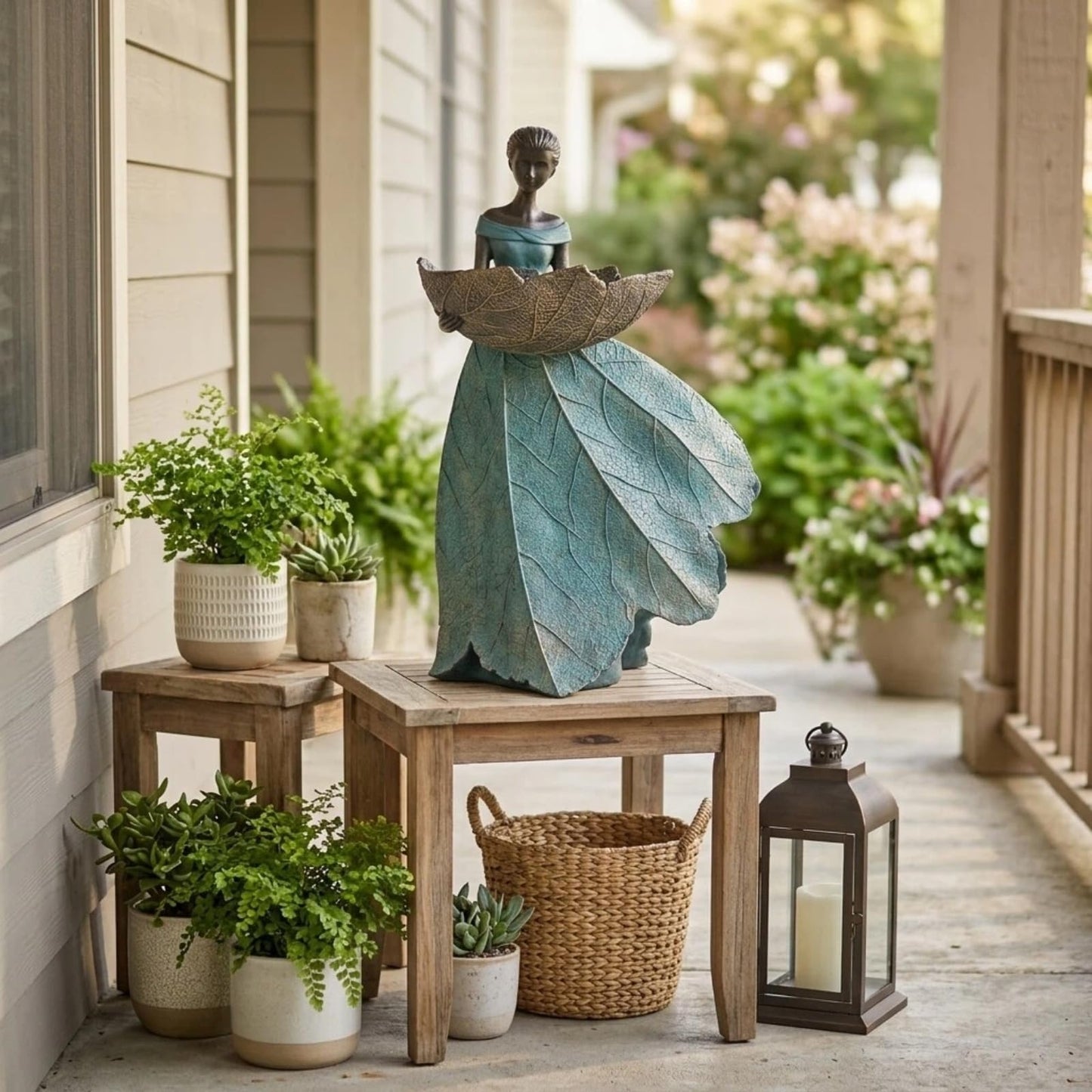 DiliComing Fairy Garden Statues Bird Feeder - 12 Inch Resin Fairy Statue for Outdoor Garden Decor, Outdoor Statues for Patio Yard Flower Beds, Gifts for Women (Green)