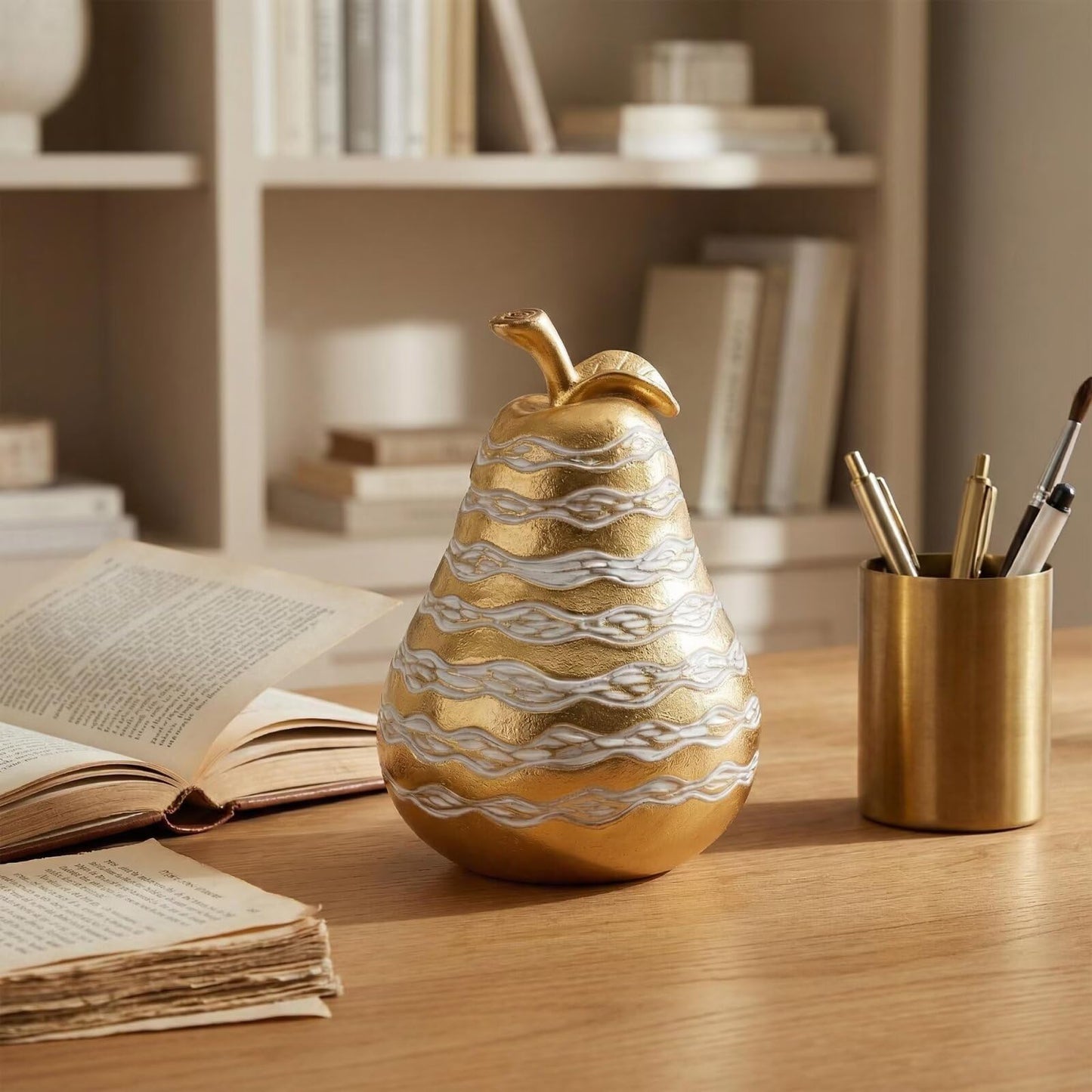 Zhao Xiang Modern Gold & White Pear Figurine - 6" Resin Fruit Statue with Textured Wavy Stripes, Contemporary Kitchen Island, Coffee Table & Shelf Decor Centerpiece
