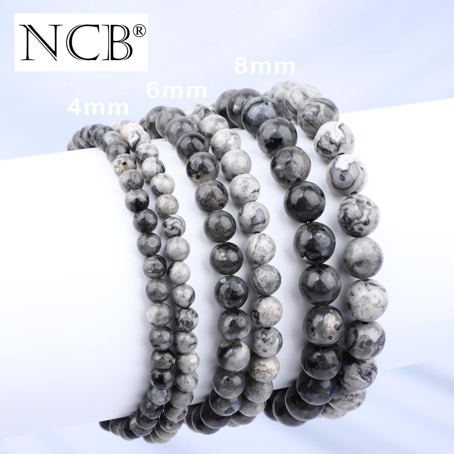 NCB 2-Piece 8mm Natural Crystal Gemstone Stretch Bracelets – ﻿Black Larvikite, Map Jasper Handmade Reiki Energy Healing Jewelry for Meditation,Yoga, Unisex