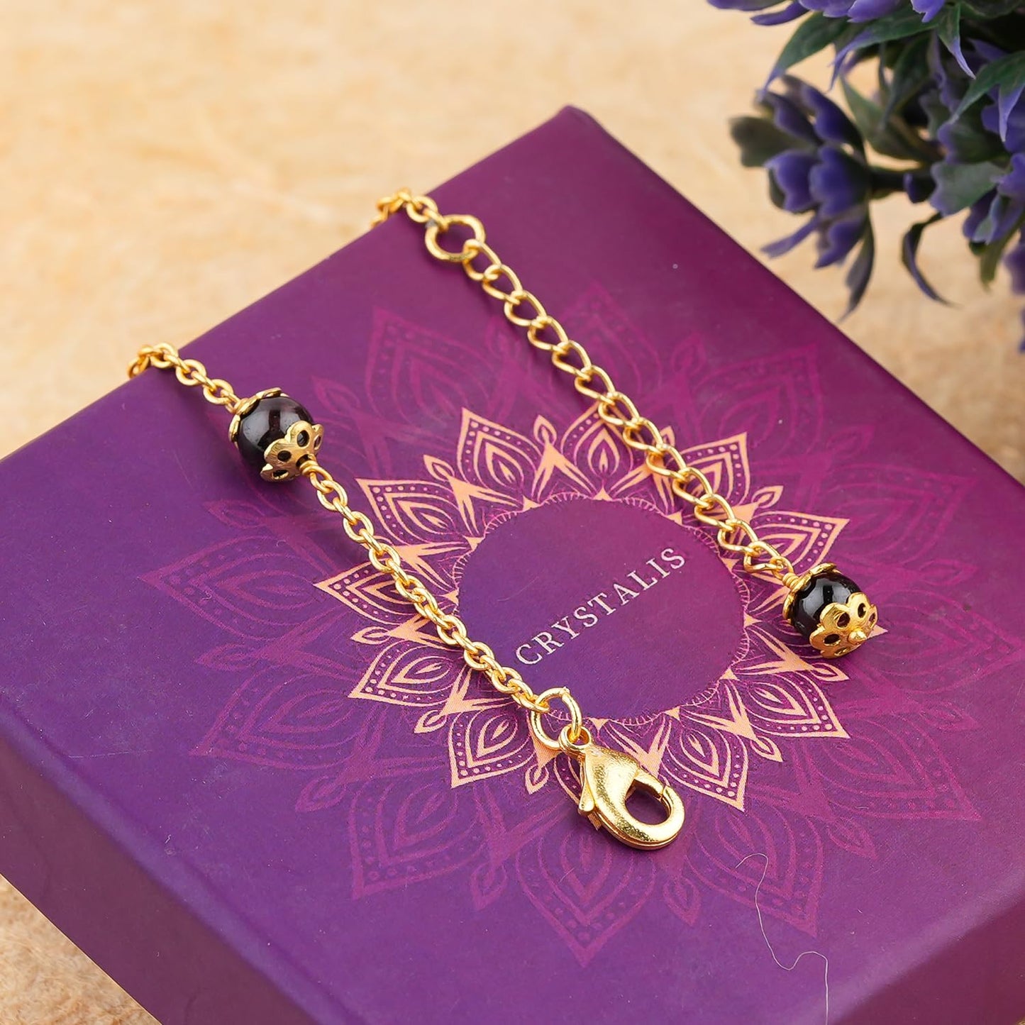 JEWEL OF ROCKS Trendsetting BLACK OBSIDIAN Anklet, Handmade Craft, Anklet Beads Bracelet, Chakra Healing Anklet, Gemstone Women Jewelry, Hypoallergenic Gold Plated Brass Anklet 9 inch+1.5"
