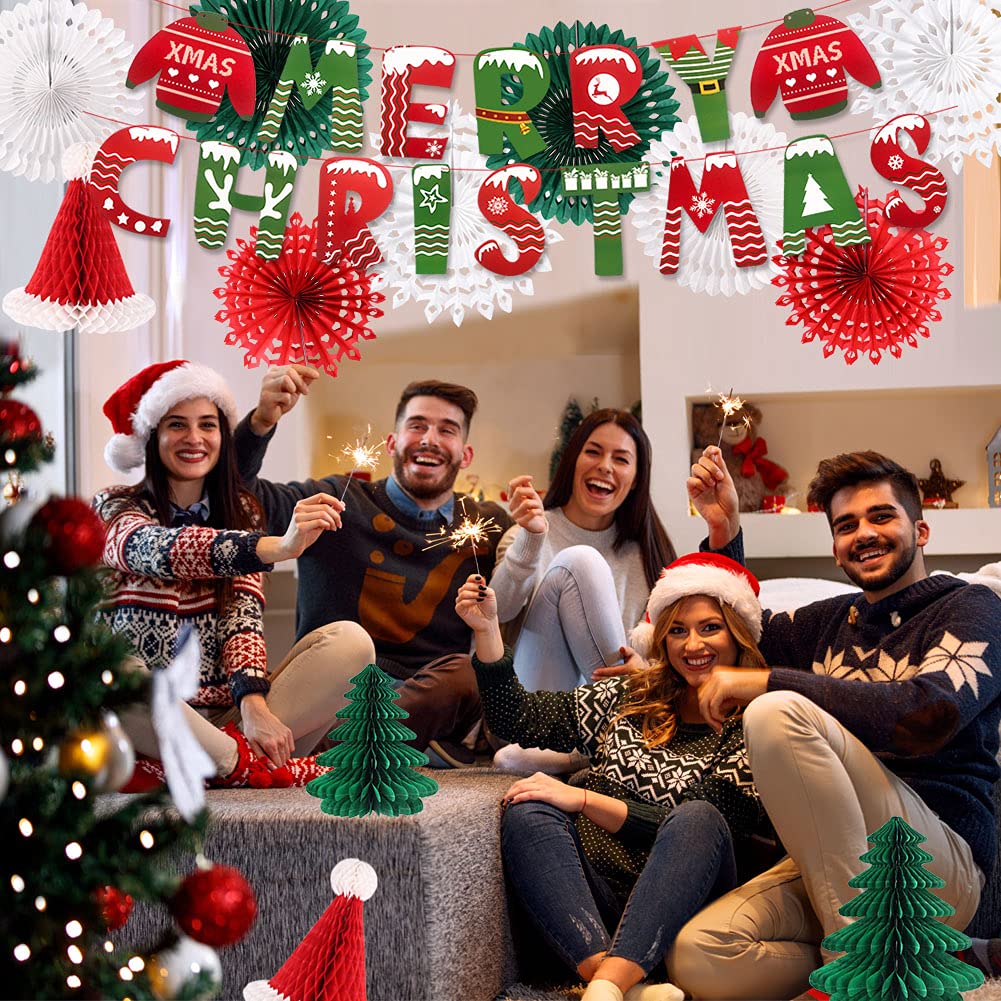 Christmas Party Decorations, Merry Christmas Banner Honeycomb Santa Hats Trees Hanging Snowflakes Paper Fans for Xmas Party Eve Holiday Home Decor