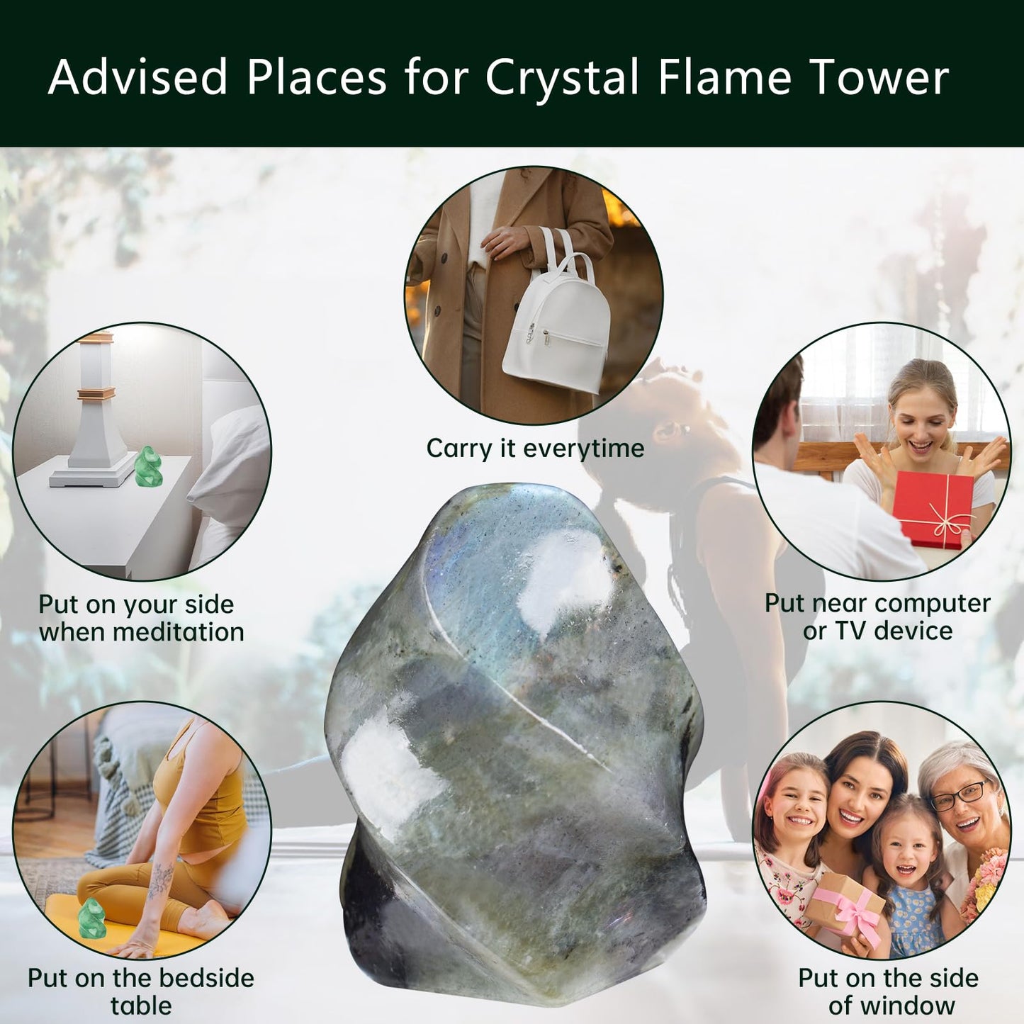 Hguxmcu Natural Labradorite Flame Tower,Reiki Healing Energy Meditation Crystal Stone Decor,Home Office Witchcraft Altar Space Cleansing