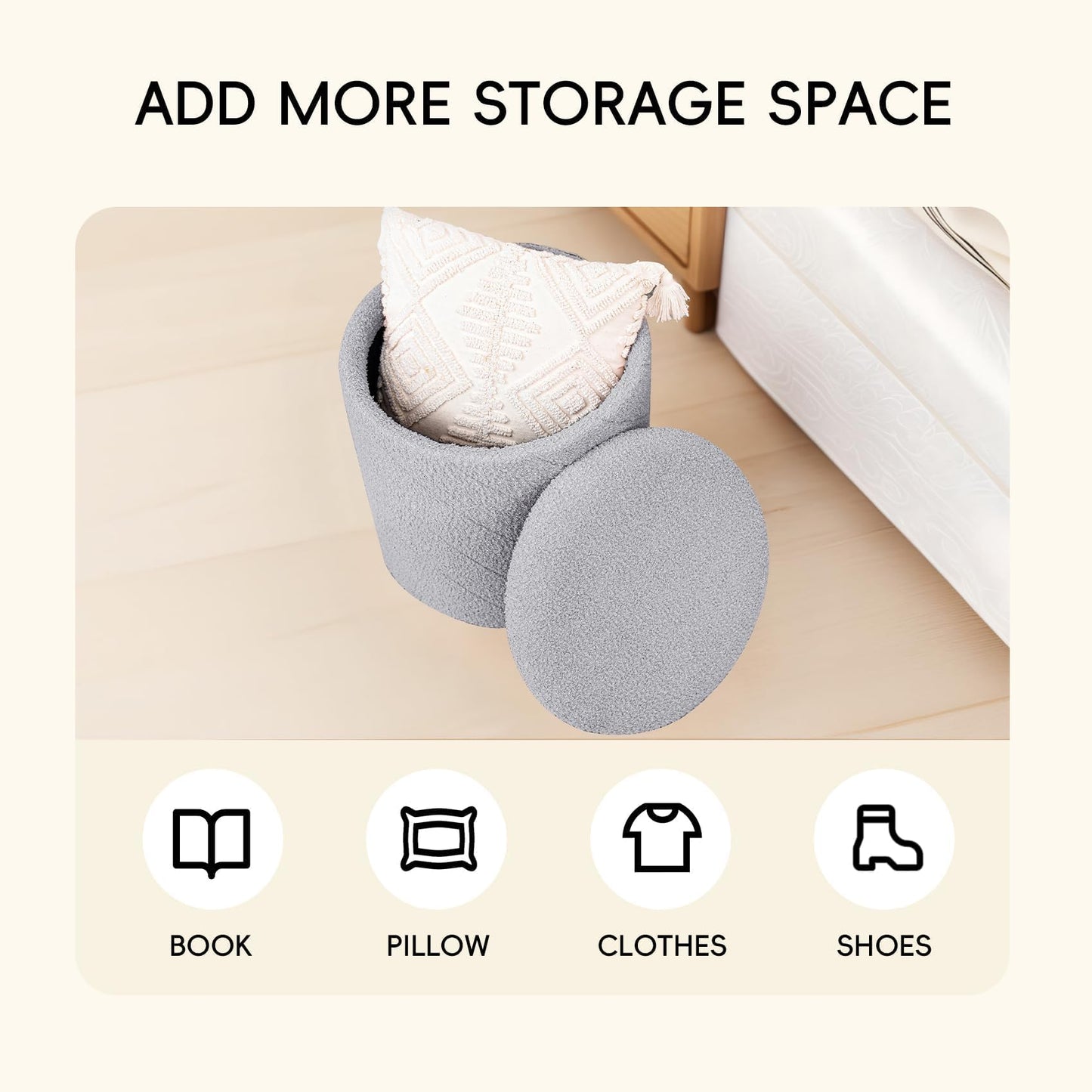 PINPLUS Ottoman with Stroage Round Boucle Ottoman and Tray Sherpa Removable Foot Stool Coffee Table for Dorm, Living Room Grey, 16.9"x16.9"x17.7"