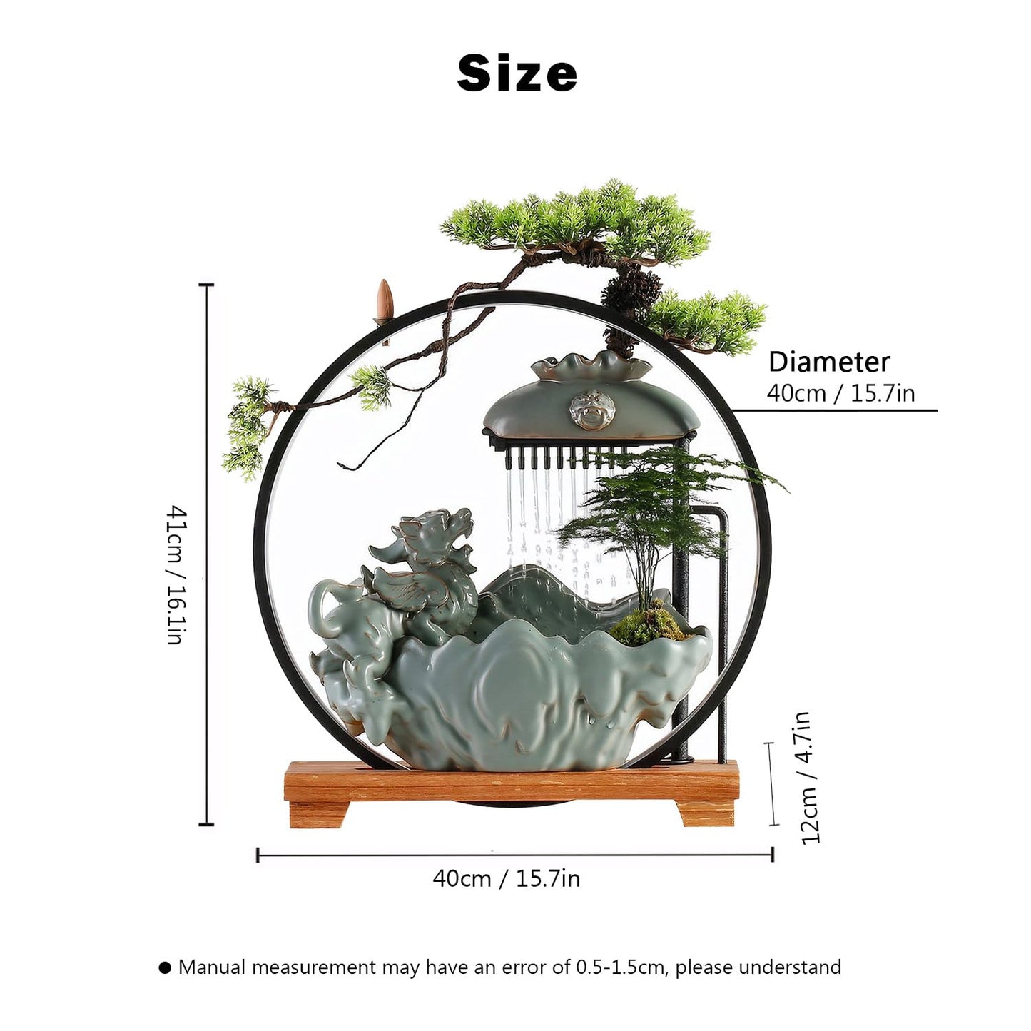 TXYXT Waterfall Fountain Indoor with Mist, Tabletop Water Fountain,Desk Chinese Ceramic Pixiu Statue with LED Light Ring and Backflow Incense Burner Holder