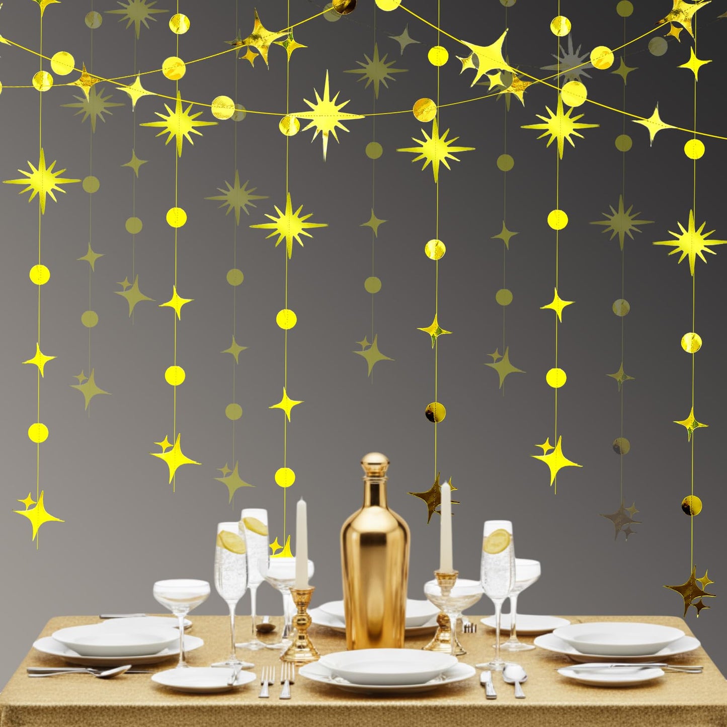Affrolling 105 Feet Glitter Gold Four-Angle Star and Circle Dot Paper Garland Banner Decor Twinkle Hanging Bunting Banner Backdrop for Birthday Wedding Graduation Disco 2026 Party Decorations