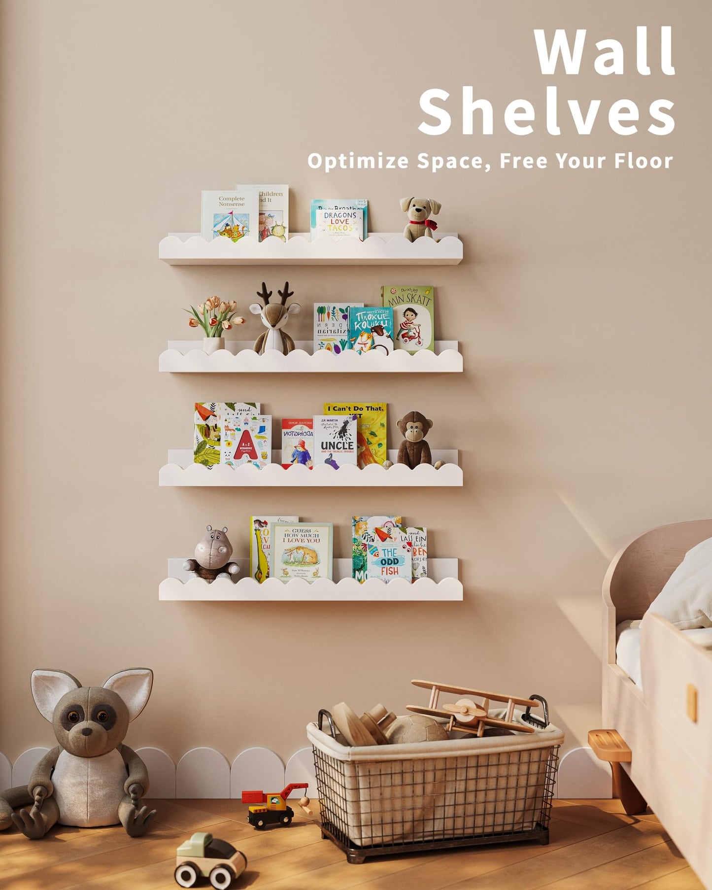 Shario Nursery Book Shelves, 4-Pack White Floating Shelves for Wall Kids, Scalloped Shelves, Wall Book Shelves for Bedroom Kids, Toddler Room, Baby Room, Nursery Decor