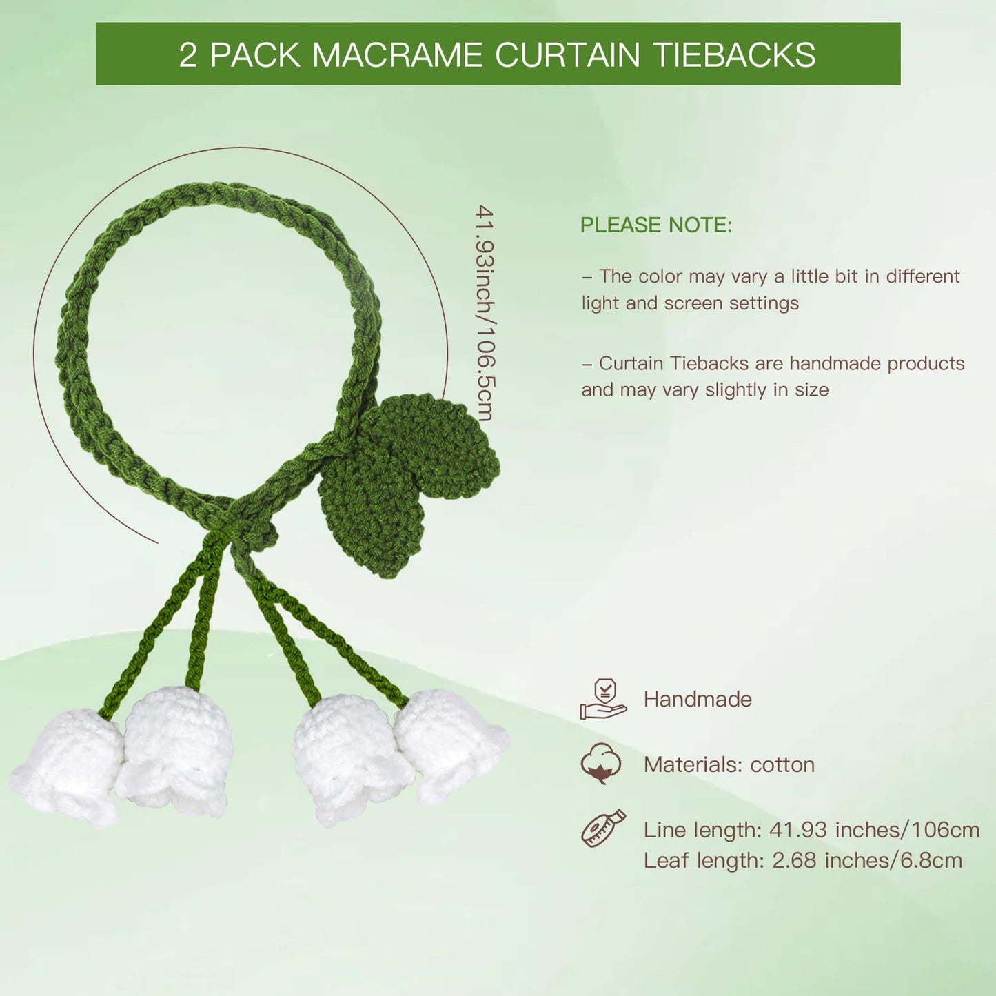 OCIOLI 2 Pack Boho Handmade Flower Curtain Tiebacks Curtain Holdbacks - No Drill Rope Curtain Holder, Drapery Holdback Decorative Pull Backs for Nursery & Bedroom Decor (2, Lily of The Valley)