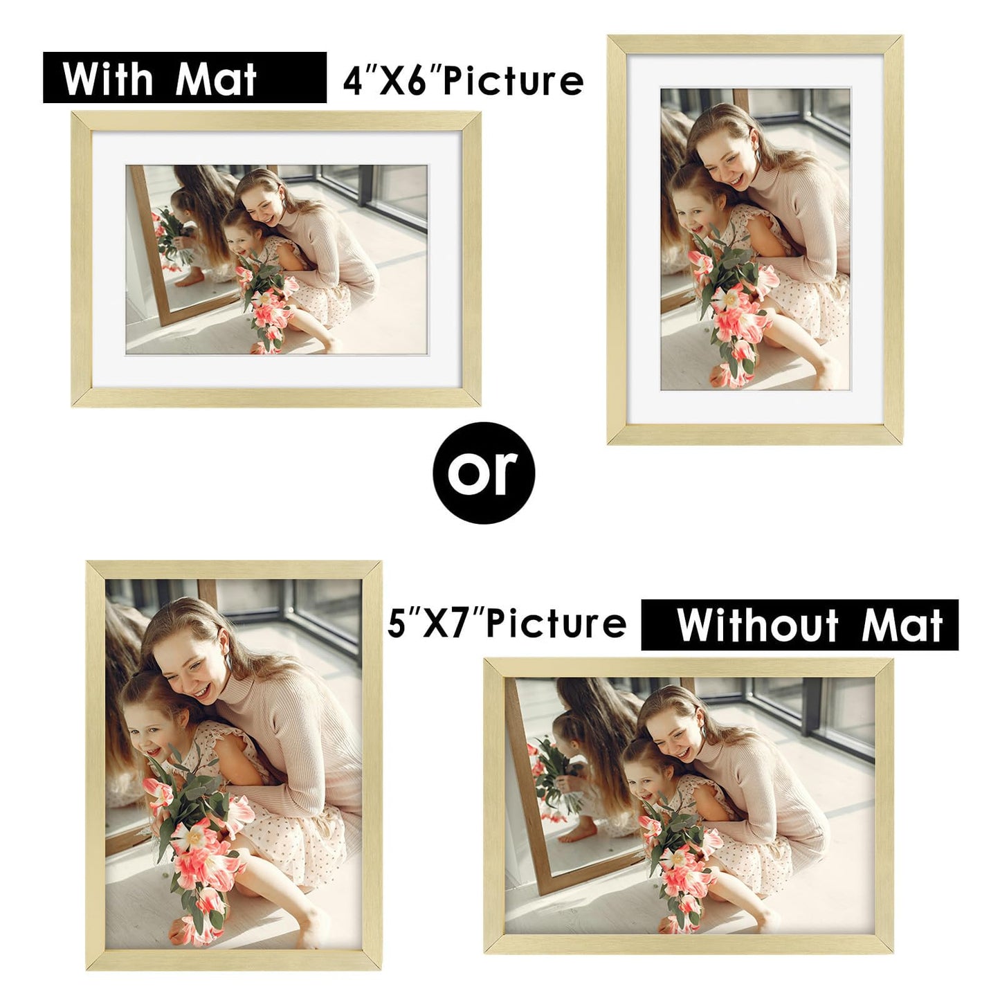 Golden State Art, Gold 5x7 Aluminum Picture Frame - Display Photos 4x6 with Mat or 5x7 inch Without Mat - Shatter-Resistant Glass Metal Photo Frame for Wall or Tabletop Display (2 Pack)
