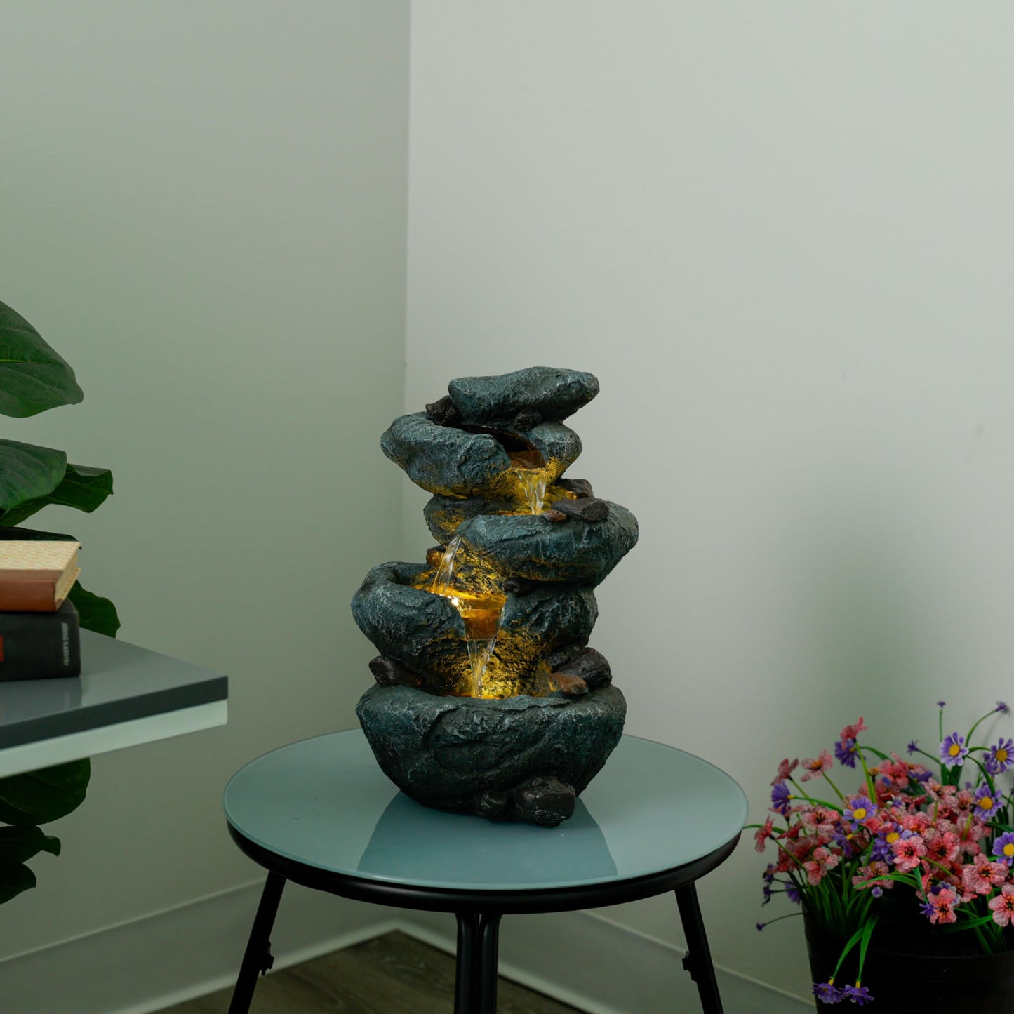 Alpine Corporation TZL418 14" 3 Tier Rock Fountain with LED Lights, Elegant Cascading Water Feature for Tabletop, Indoor Decor, Relaxing Stone Waterfall for Home & Office, Gray