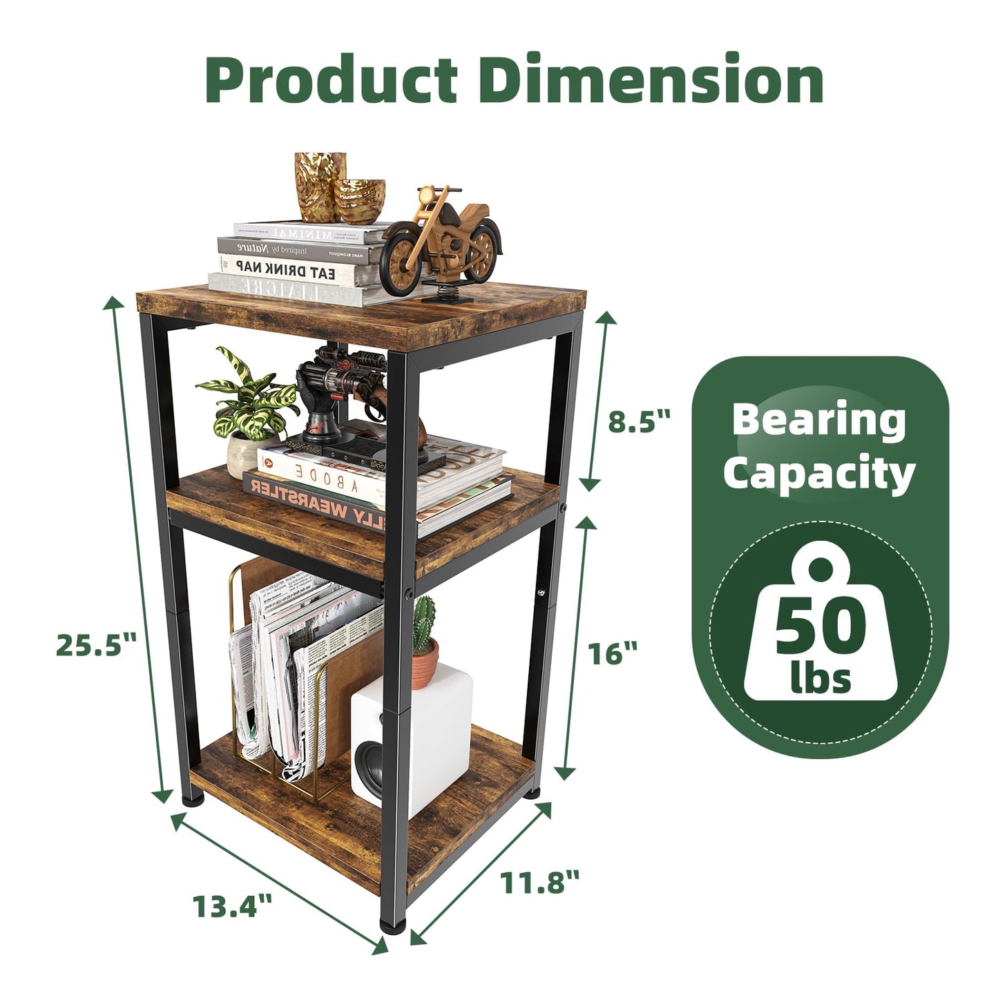 Simple Trending 3 Tier Side Table, End Table Night Stand Sofa Table Shelf for Living Room, Rustic Brown
