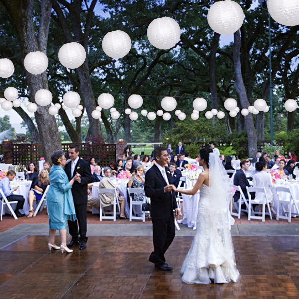 YUNXUAN Paper Lanterns Decorative, White Hanging Round Chinese Lanterns with Lights for Wedding Anniversary Birthday Party 12 LED Light Pack of 12