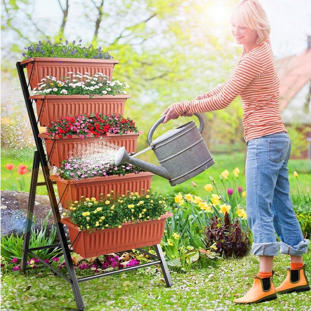 SEJOV 2 Pack Vertical Raised Garden Bed, 5 Tiers Elevated Planter Box for Herbs Vegetables Flowers, Graden Vertical Planter w/Drainage System for Patio Balcony Garden Outdoor Indoor Plants, Dark Red