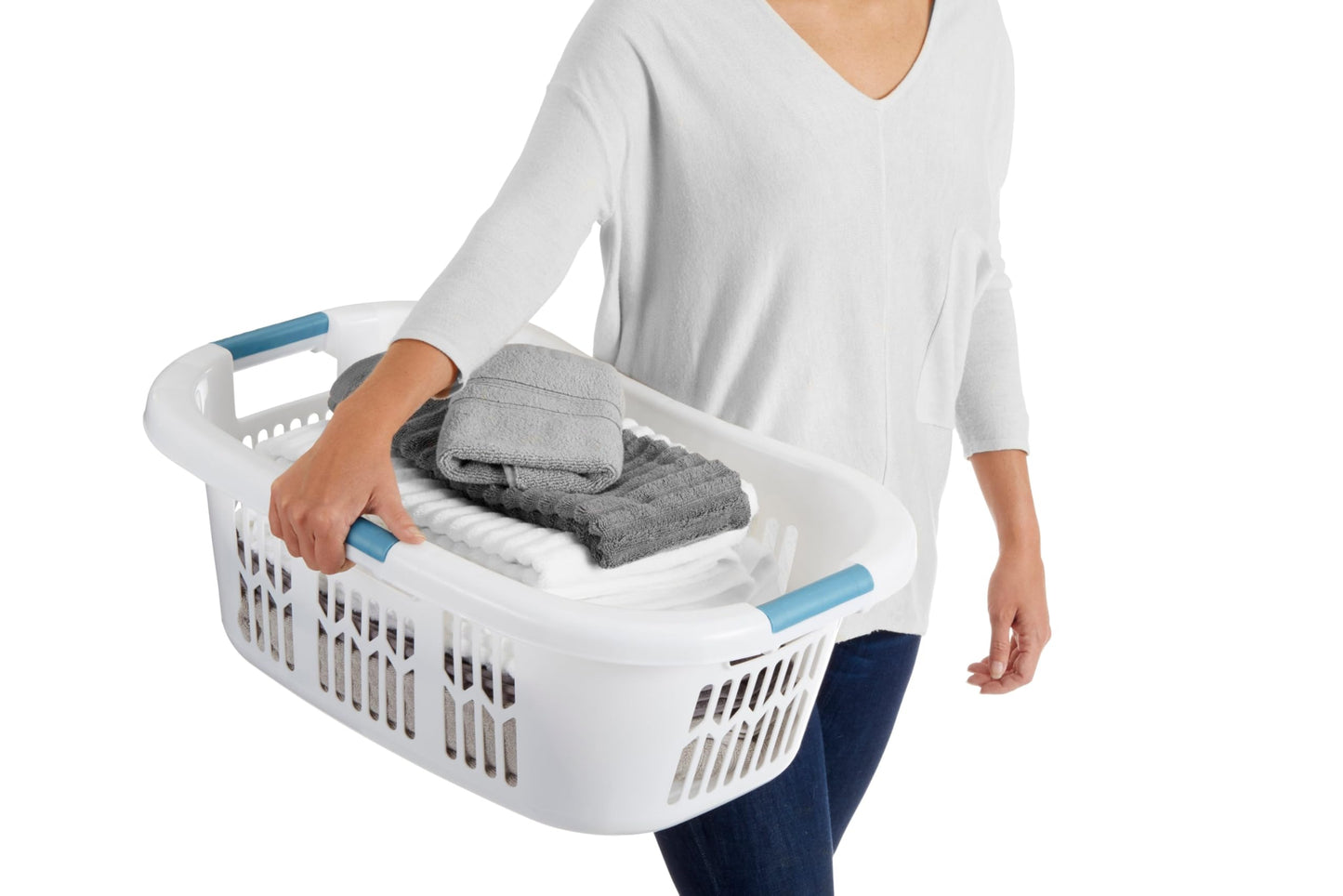 Rubbermaid Large Hip-Hugger Laundry Basket/Hamper, 1.5-Bushel, White, Stackable Storage Bin/Organizer for Bathroom/Bedroom/Dorm/Home